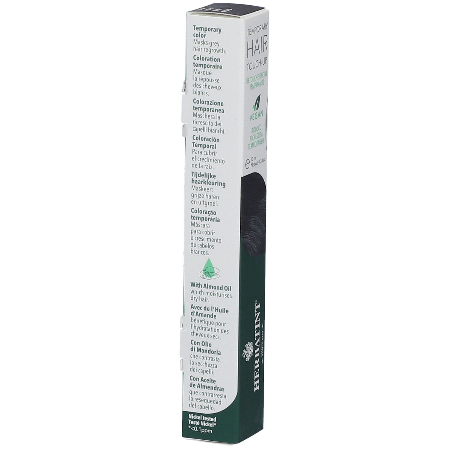 Herbatint Hair Touch Up Noir. Emballage avec informations produit. Contient de l'huile d'amande. Vegan.