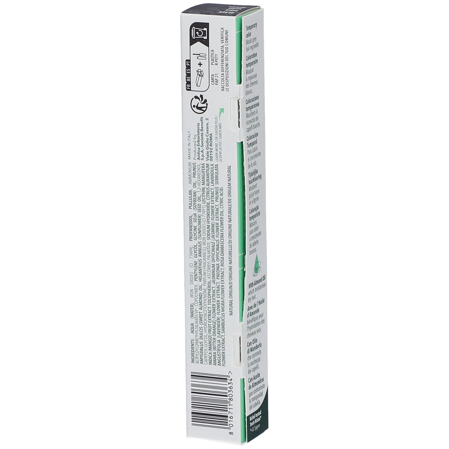Herbatint Hair Touch Up Noir. Emballage avec ingrédients et symboles de recyclage.