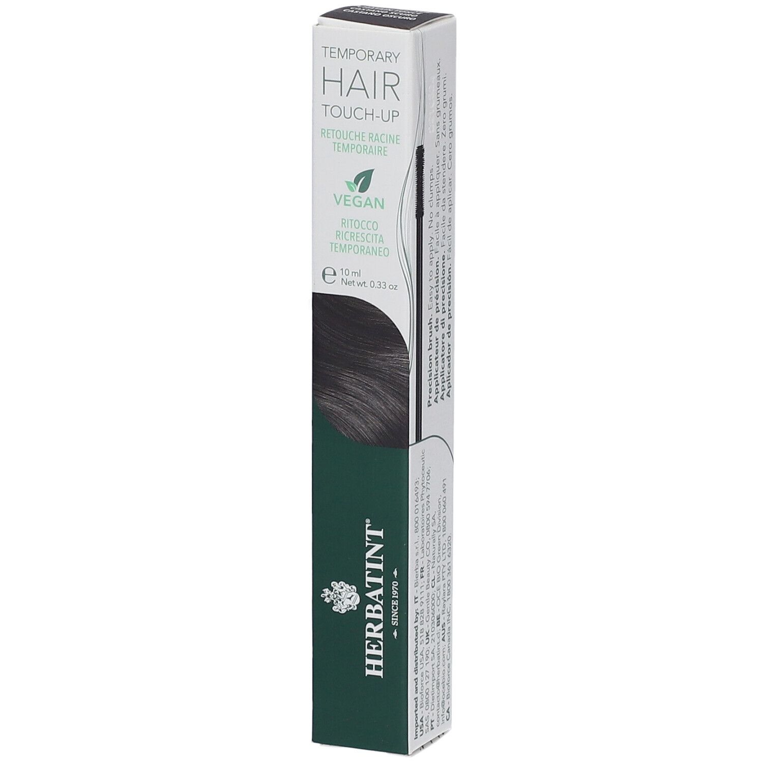 Herbatint Hair Touch Up, châtain foncé. Boîte noire avec nom et logo du produit. Vegan.