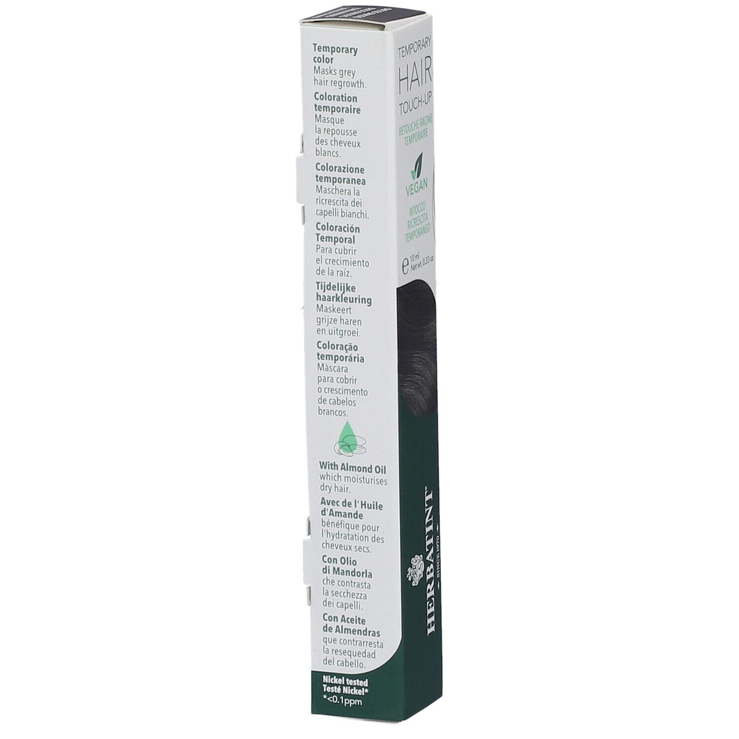 Herbatint Hair Touch Up, châtain foncé. Texte sur l'emballage: Coloration temporaire, vegan, à l'huile d'amande.