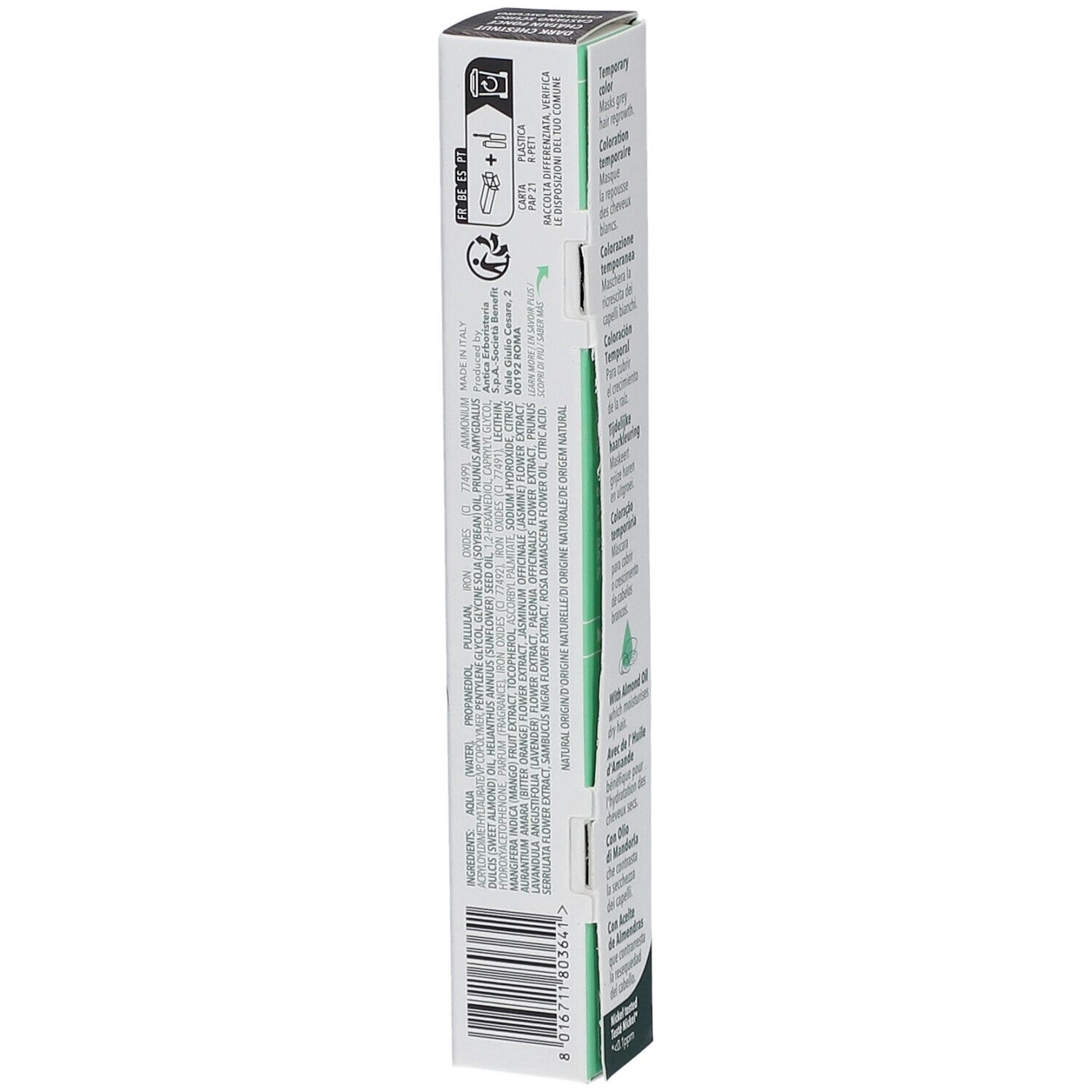 Herbatint Hair Touch Up, châtain foncé. Dos de l'emballage avec ingrédients et informations du fabricant.