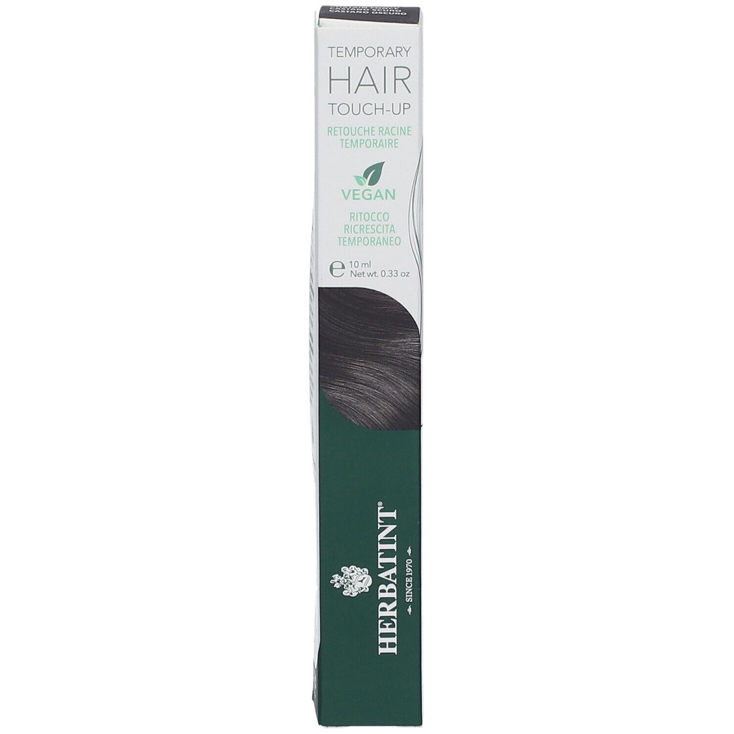 Herbatint Hair Touch Up, châtain foncé. Boîte noire avec nom et logo du produit. Vegan.