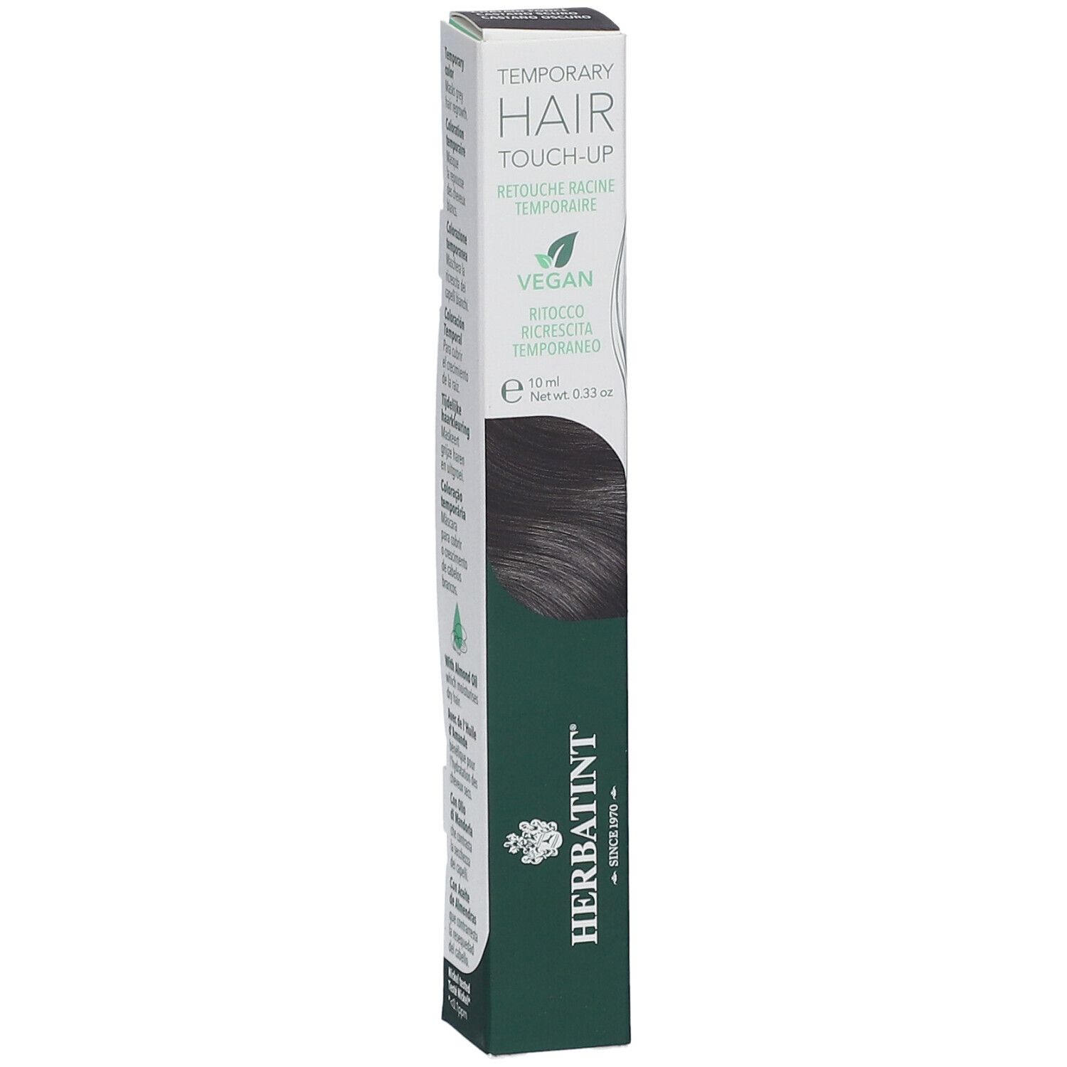 Herbatint Hair Touch Up, châtain foncé. Boîte noire avec nom et logo du produit. Vegan.