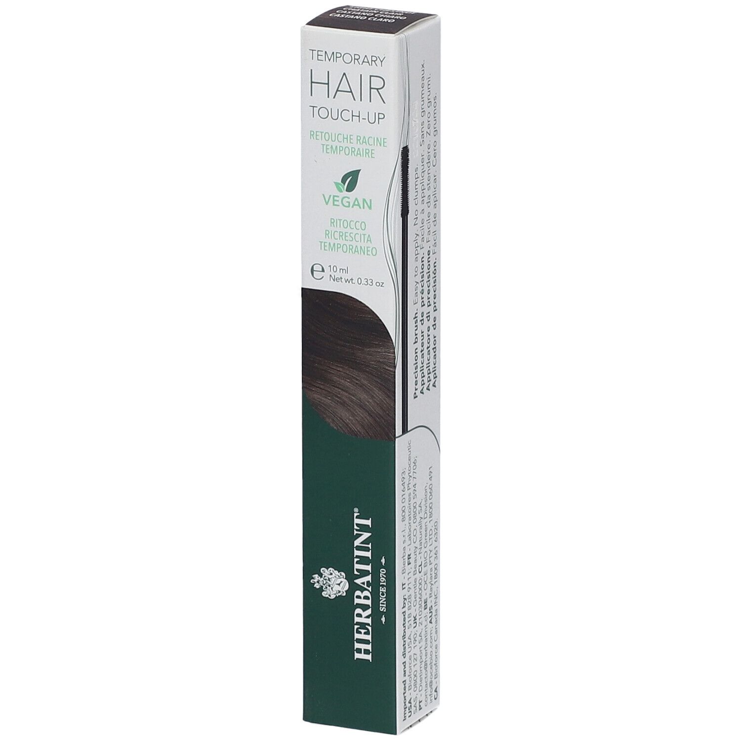 Boîte de produit. Inscription: TEMPORARY HAIR TOUCH-UP. Marque HERBATINT. Vegan. Couleur: Châtain Clair.