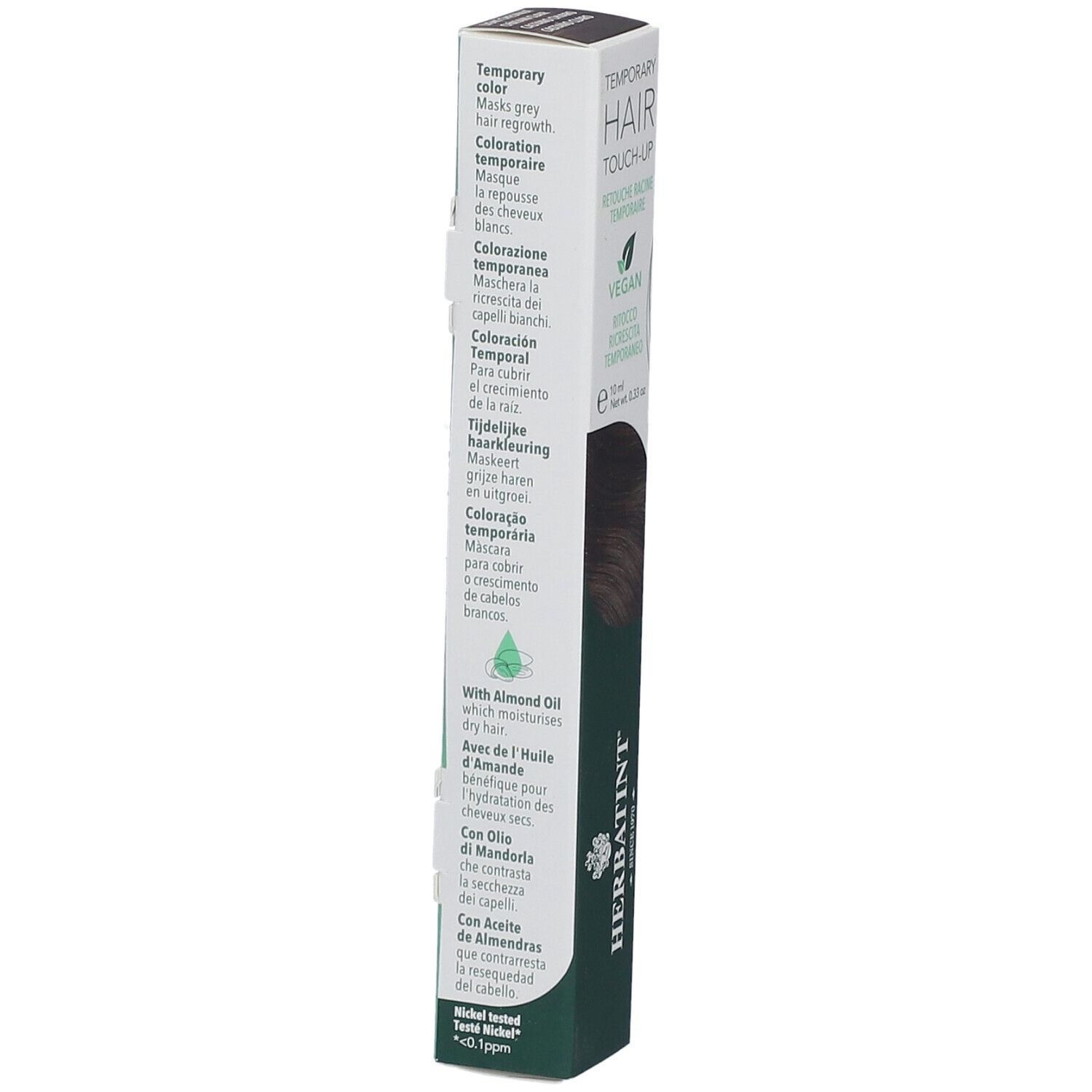 Emballage du produit avec textes multilingues. Marque HERBATINT. Vegan. Avec huile d'amande. Testé au nickel.