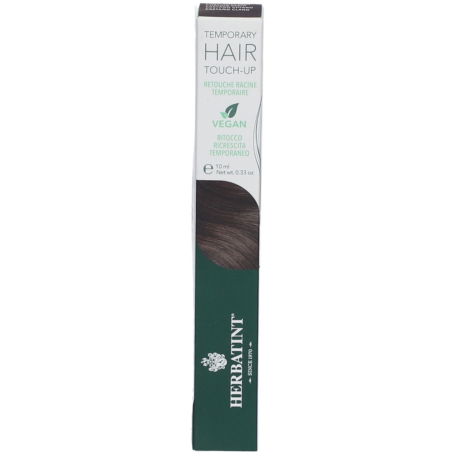 Emballage du produit. Inscription: TEMPORARY HAIR TOUCH-UP. Marque HERBATINT. Vegan. Couleur: Châtain Clair.