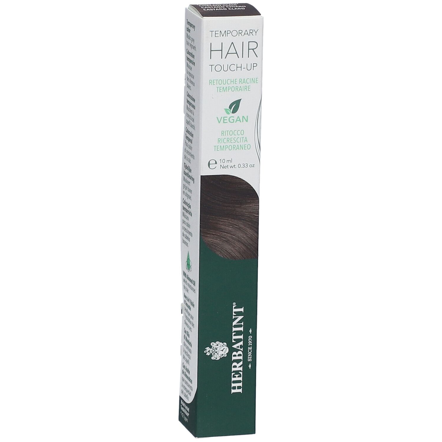 Emballage du produit. Inscription: TEMPORARY HAIR TOUCH-UP. Marque HERBATINT. Vegan. Couleur: Châtain Clair.