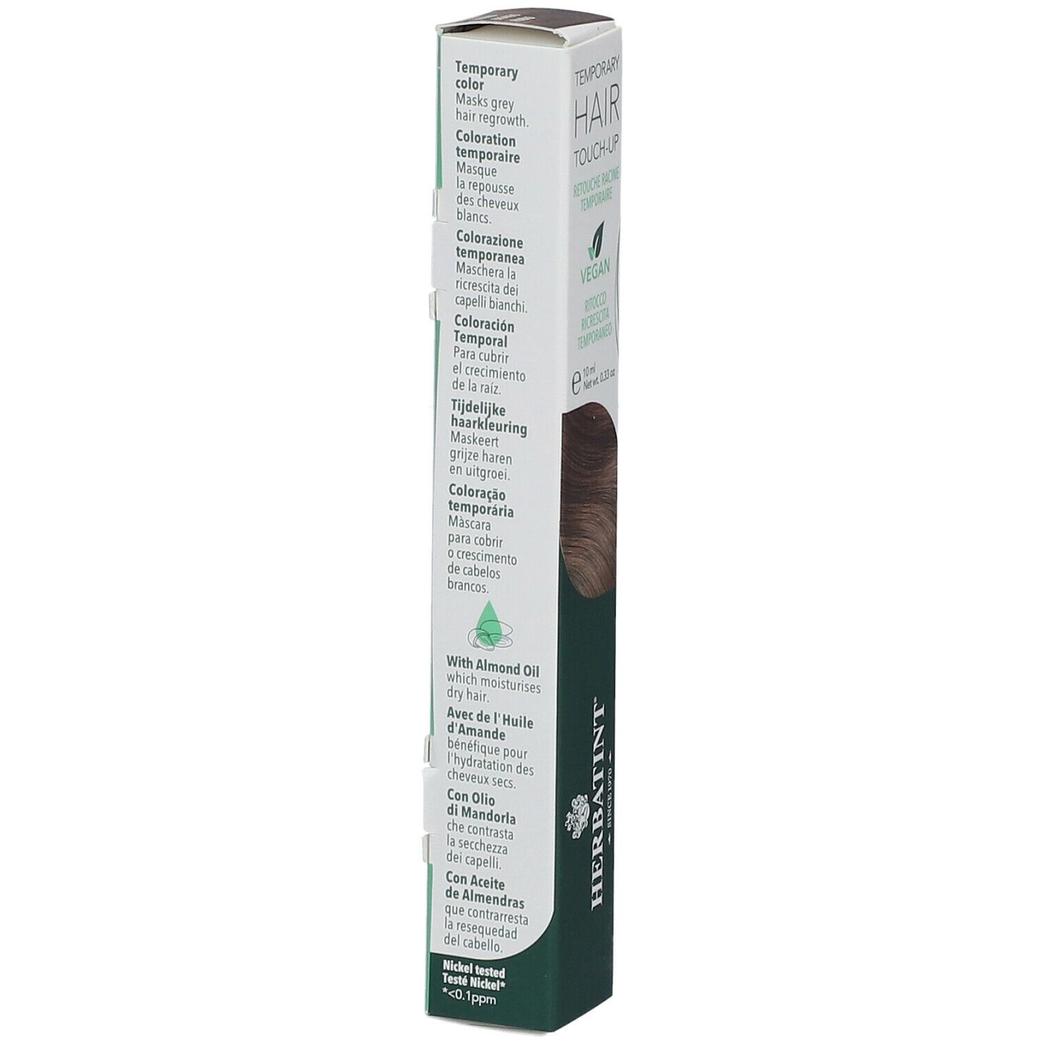 Herbatint Hair Touch Up Blond. Emballage avec texte. Contient de l'huile d'amande. Testé au nickel. Vegan.