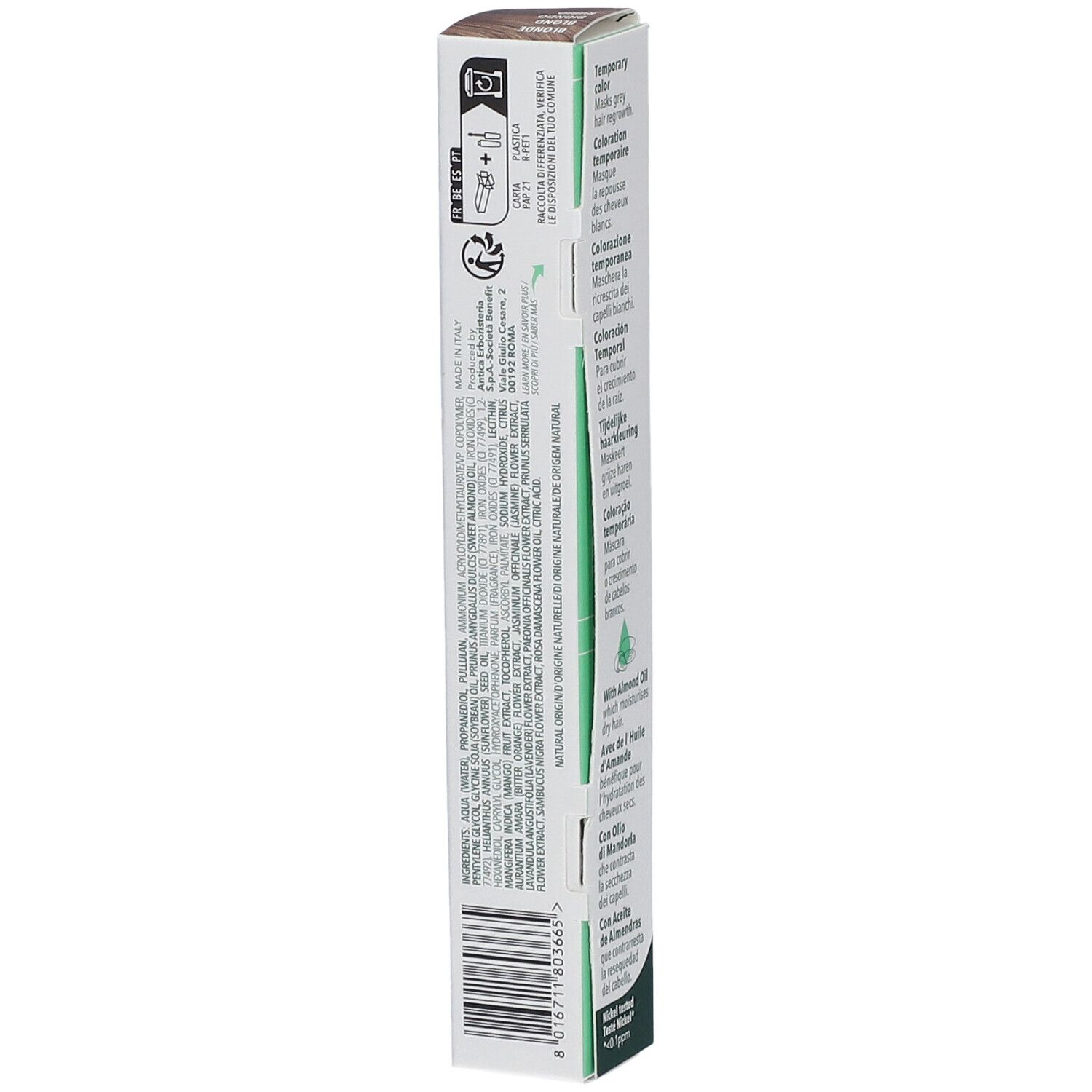 Herbatint Hair Touch Up Blond. Emballage avec ingrédients et texte. Fabriqué en Italie.