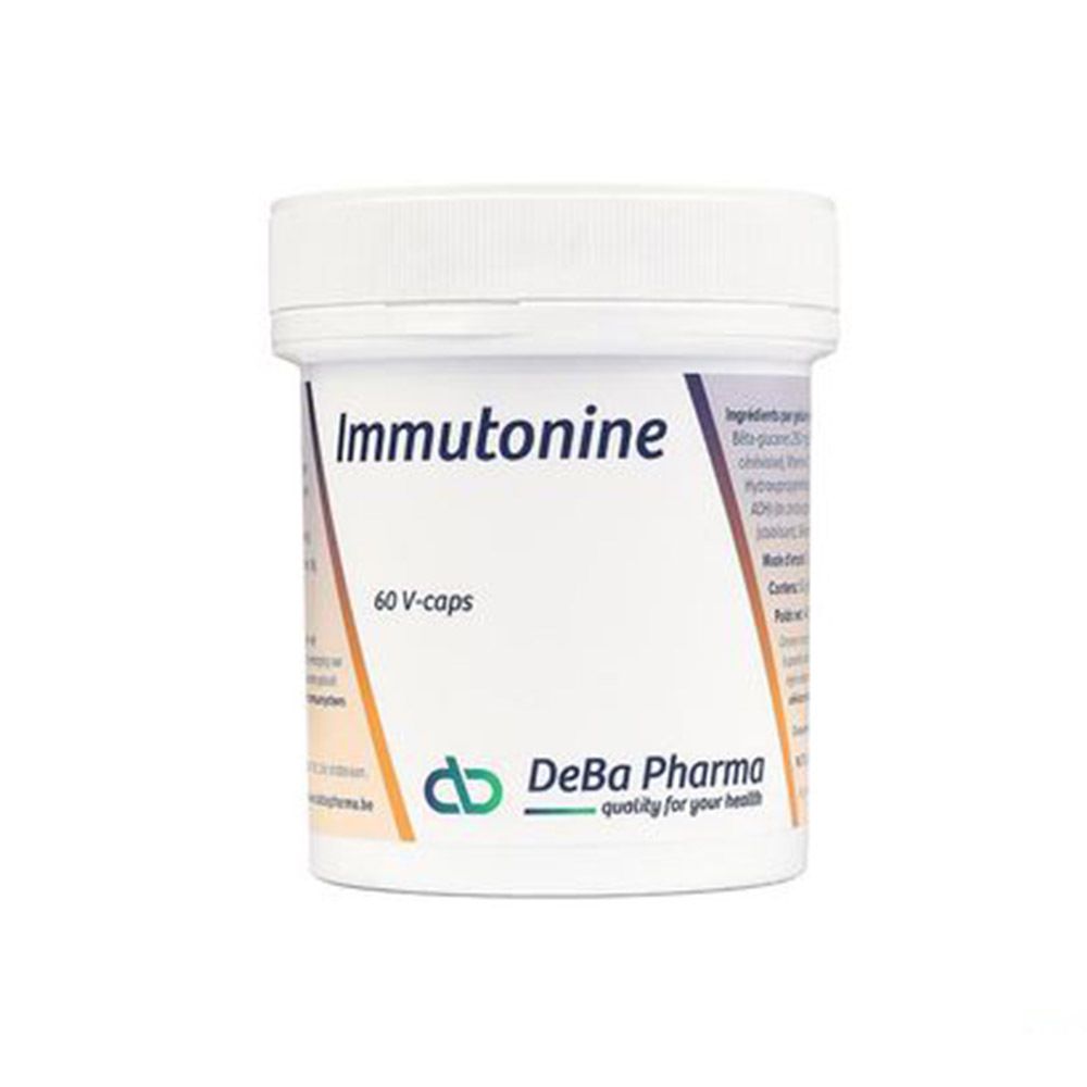 Pot blanc avec couvercle. Inscription: Immutonine, 60 V-caps. Logo DeBa Pharma.