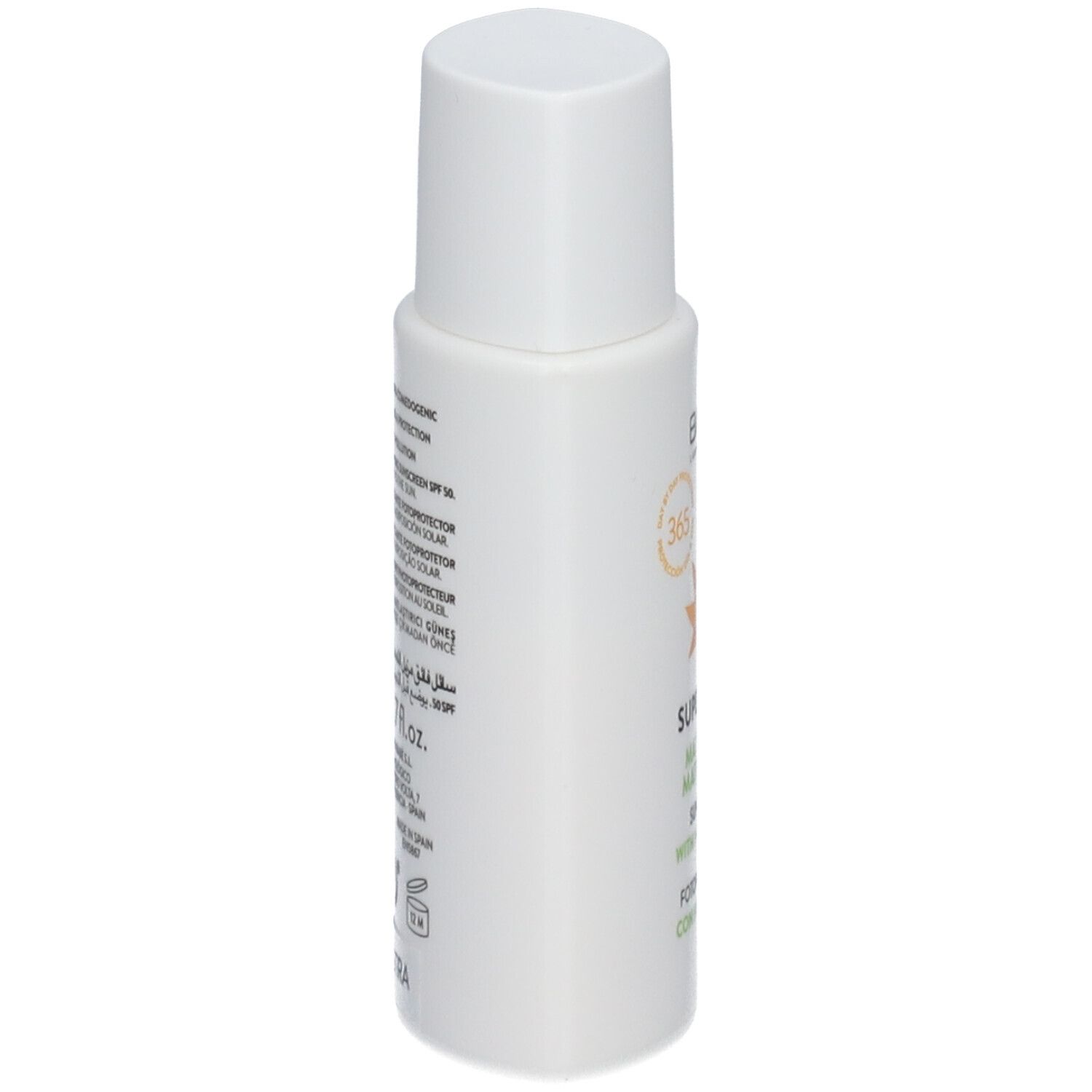 Boîte blanche BABE Super Fluid, SPF 50, Mattifiant Niacinamide. Texte multilingue. Ingrédients et informations.
