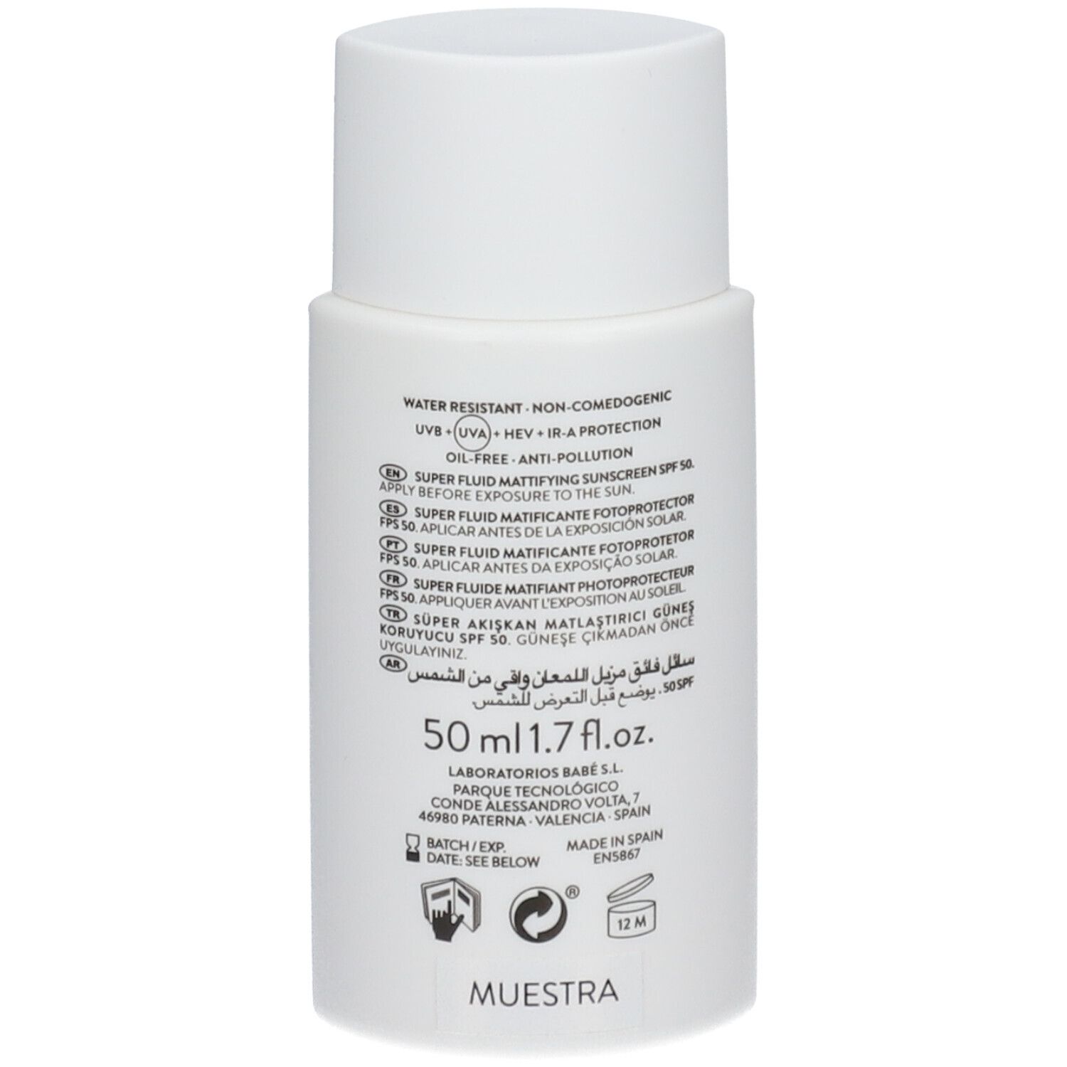 Dos du flacon blanc BABE Super Fluid. Informations, texte multilingue, ingrédients, et volume.