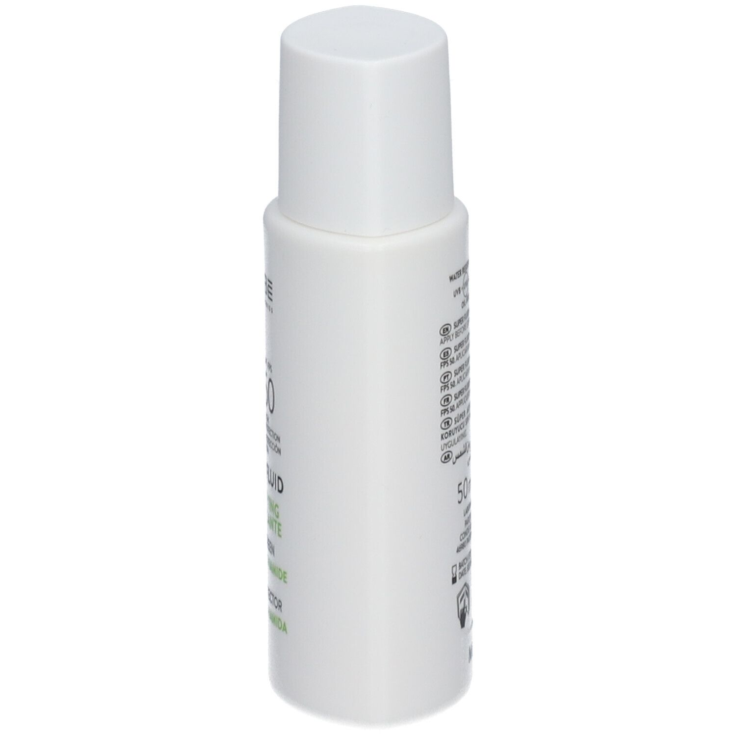 Boîte blanche BABE Super Fluid, SPF 50, Mattifiant Niacinamide. Texte multilingue. Ingrédients et informations.