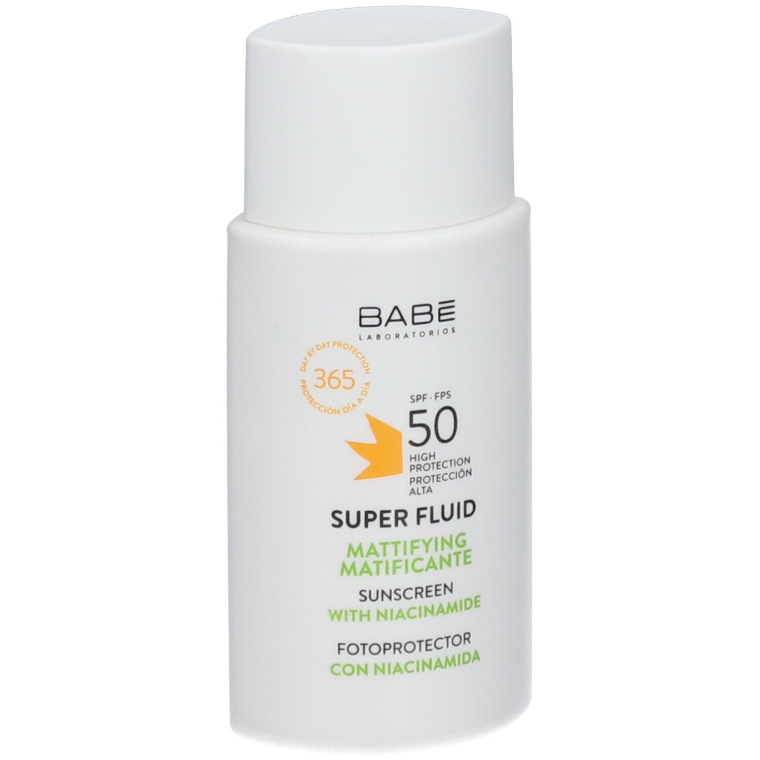Boîte blanche BABE Super Fluid, SPF 50, Mattifiant Niacinamide. Texte multilingue. Informations et logo.