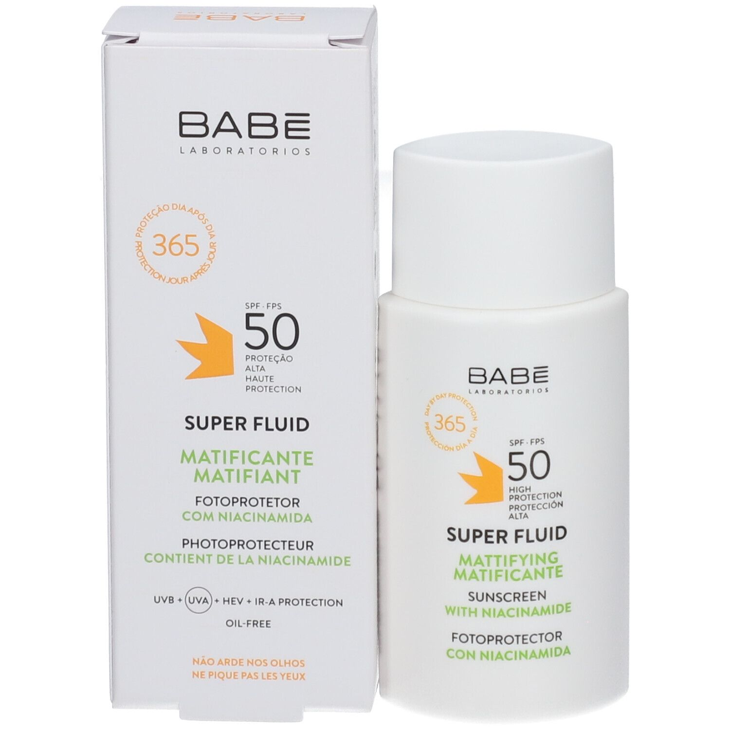 Flacon et boîte BABE Super Fluid, SPF 50, Mattifiant Niacinamide. Texte multilingue. Informations.