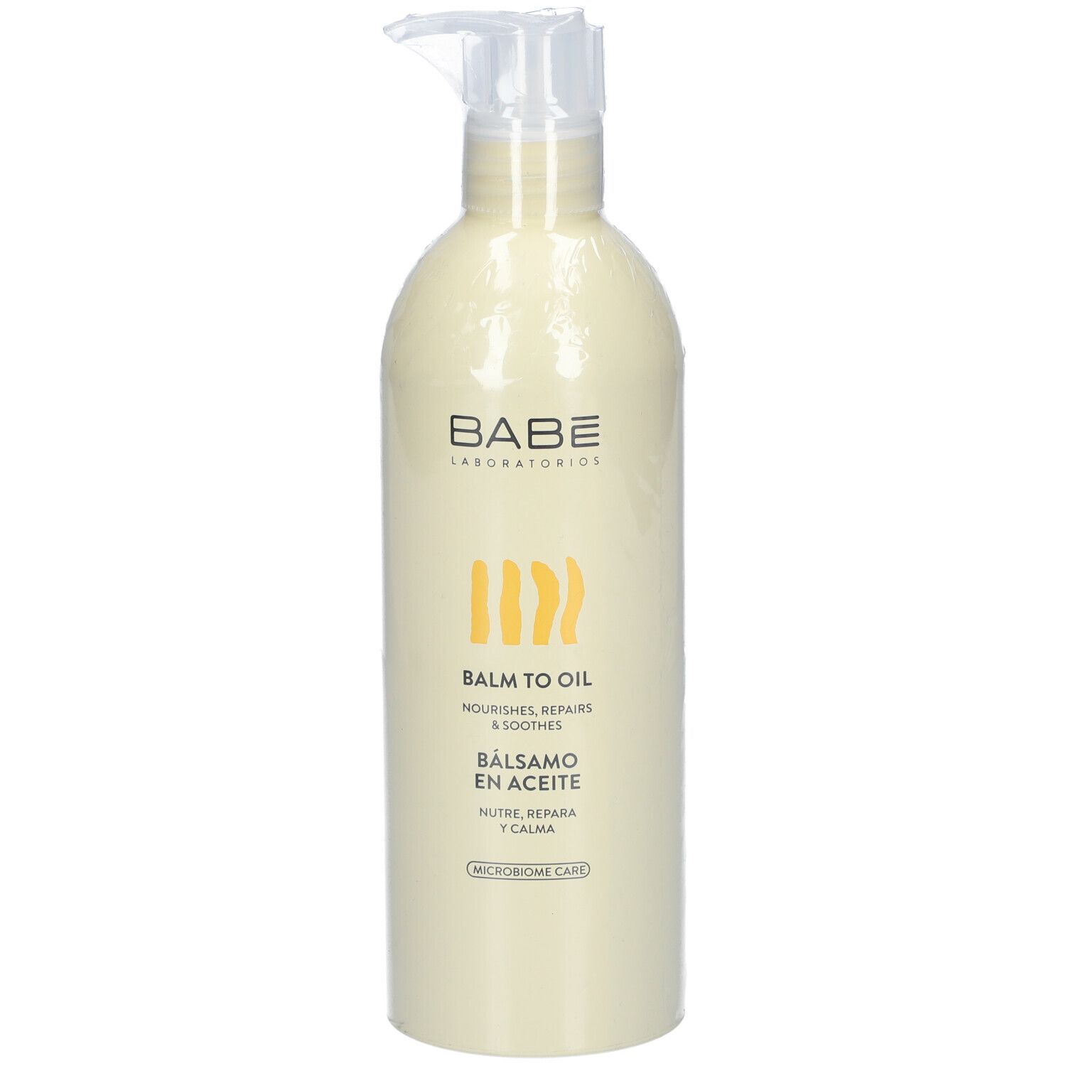 Flacon beige avec pompe. Inscription: BABE Laboratorios, Balm to Oil, nourrit, répare & apaise.