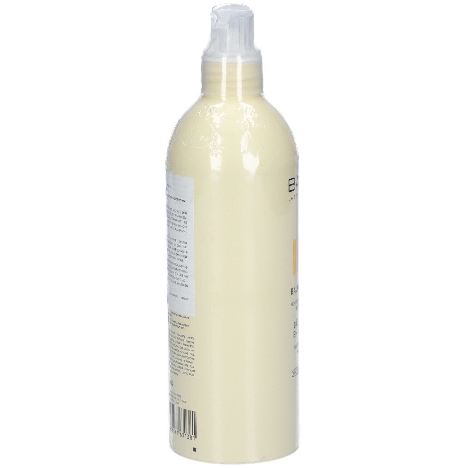 Flacon beige avec pompe, vue latérale. Texte sur l'étiquette. Emballé dans du film plastique.