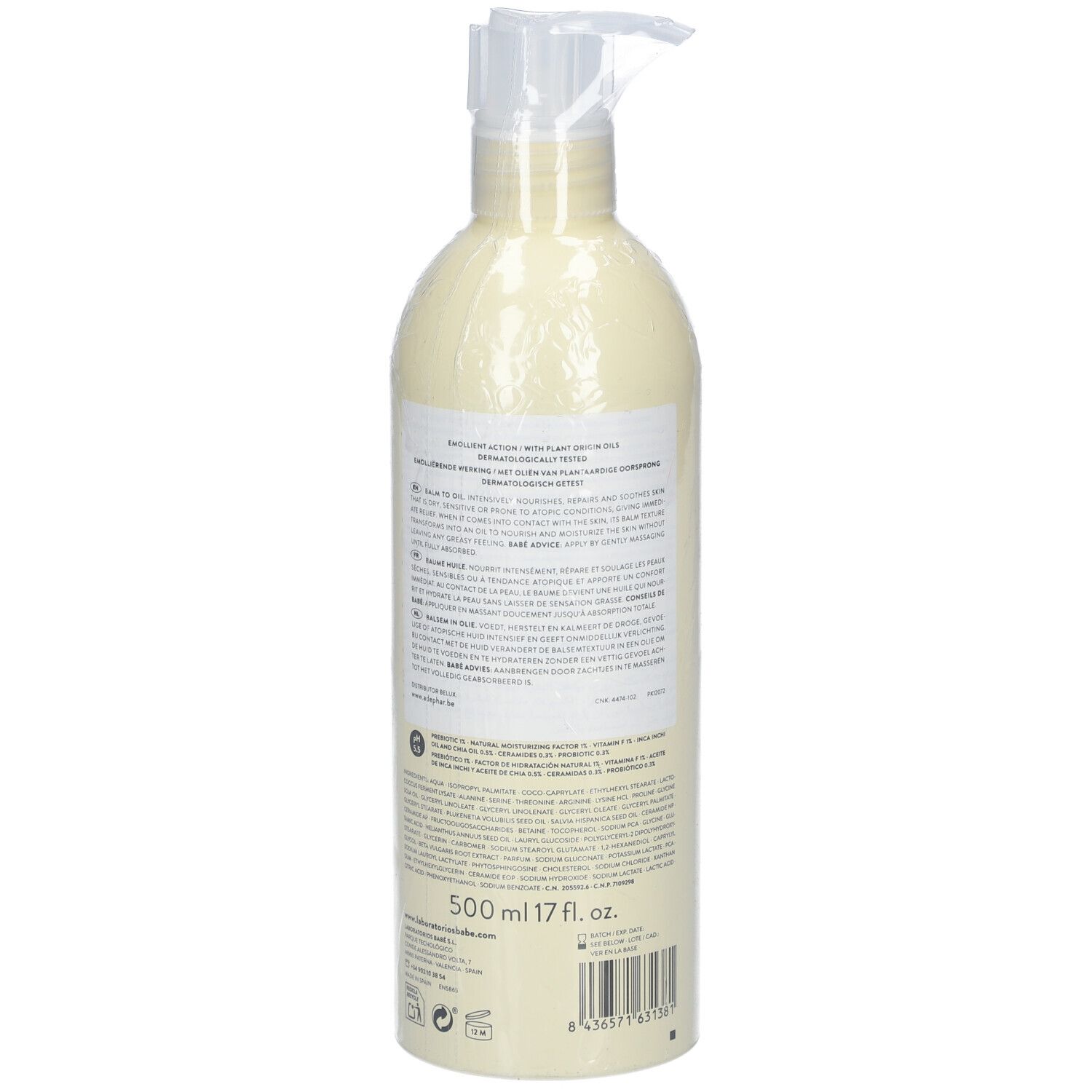 Dos du flacon beige avec pompe. Texte sur l'étiquette. 500 ml, 17 fl. oz.