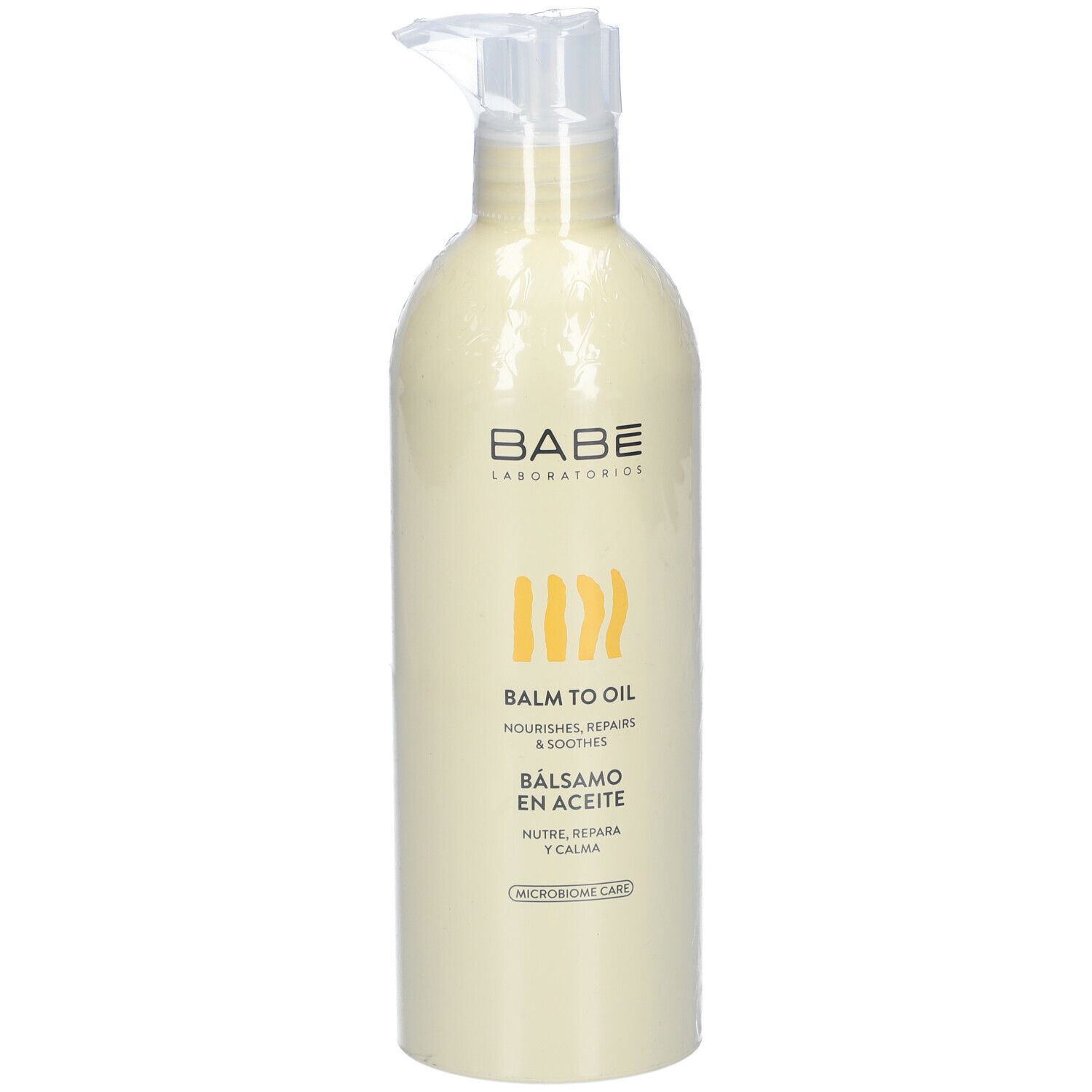 Flacon beige avec pompe. Inscription: BABE Laboratorios, Balm to Oil, nourrit, répare & apaise.