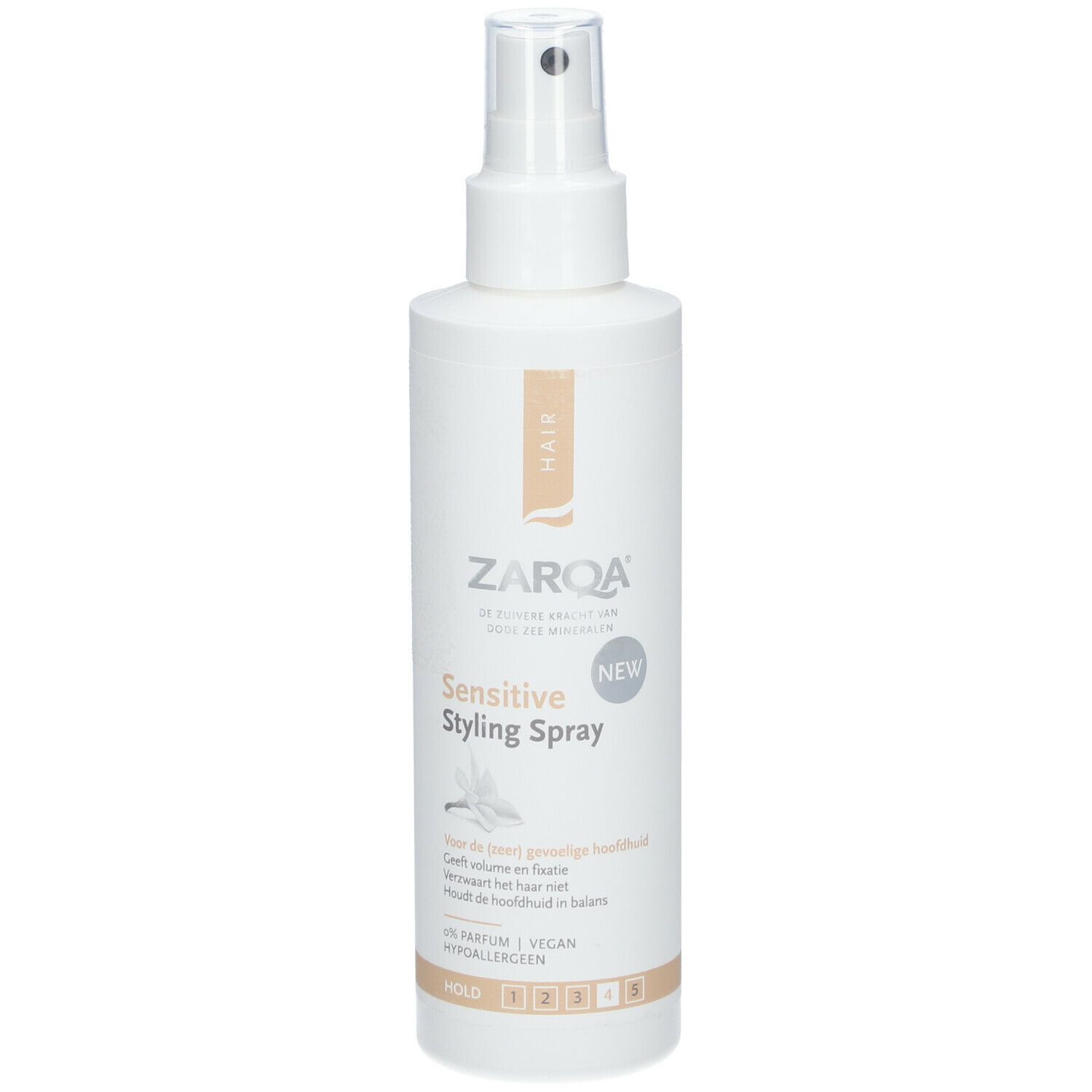 ZARQA Sensitiv-Spray Coiffant. Flacon blanc avec vaporisateur. Inscription: Sensitive Styling Spray, NEW. Vegan.