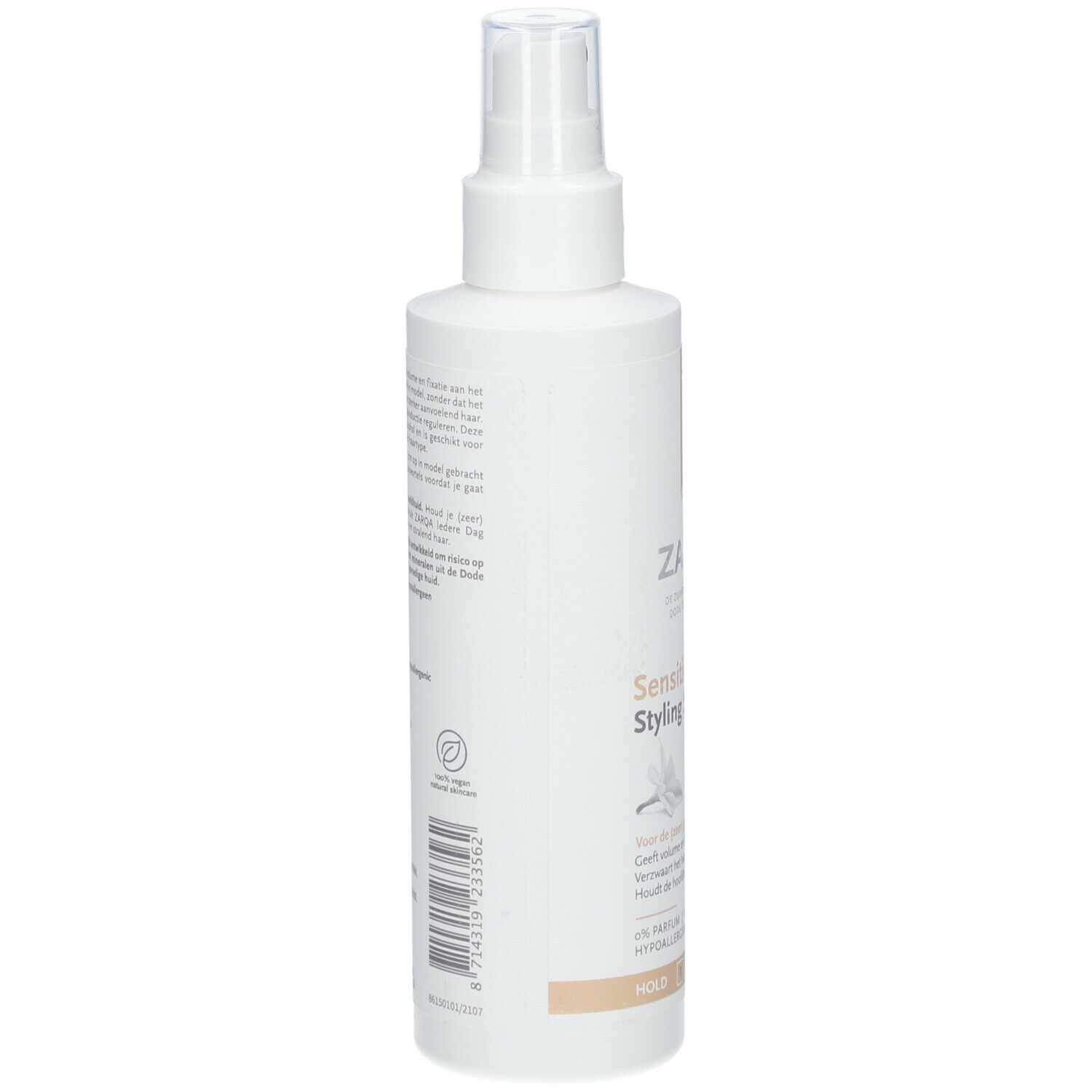 ZARQA Sensitiv-Spray Coiffant. Flacon blanc avec texte. Logo vegan. Code-barres.