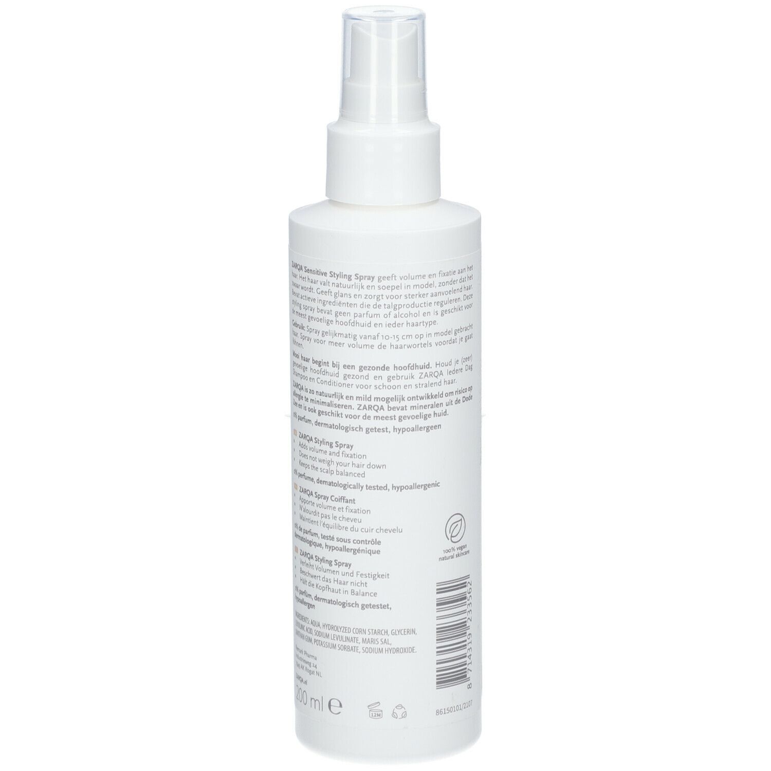 ZARQA Sensitiv-Spray Coiffant. Flacon blanc avec texte. Logo vegan. 200 ml.