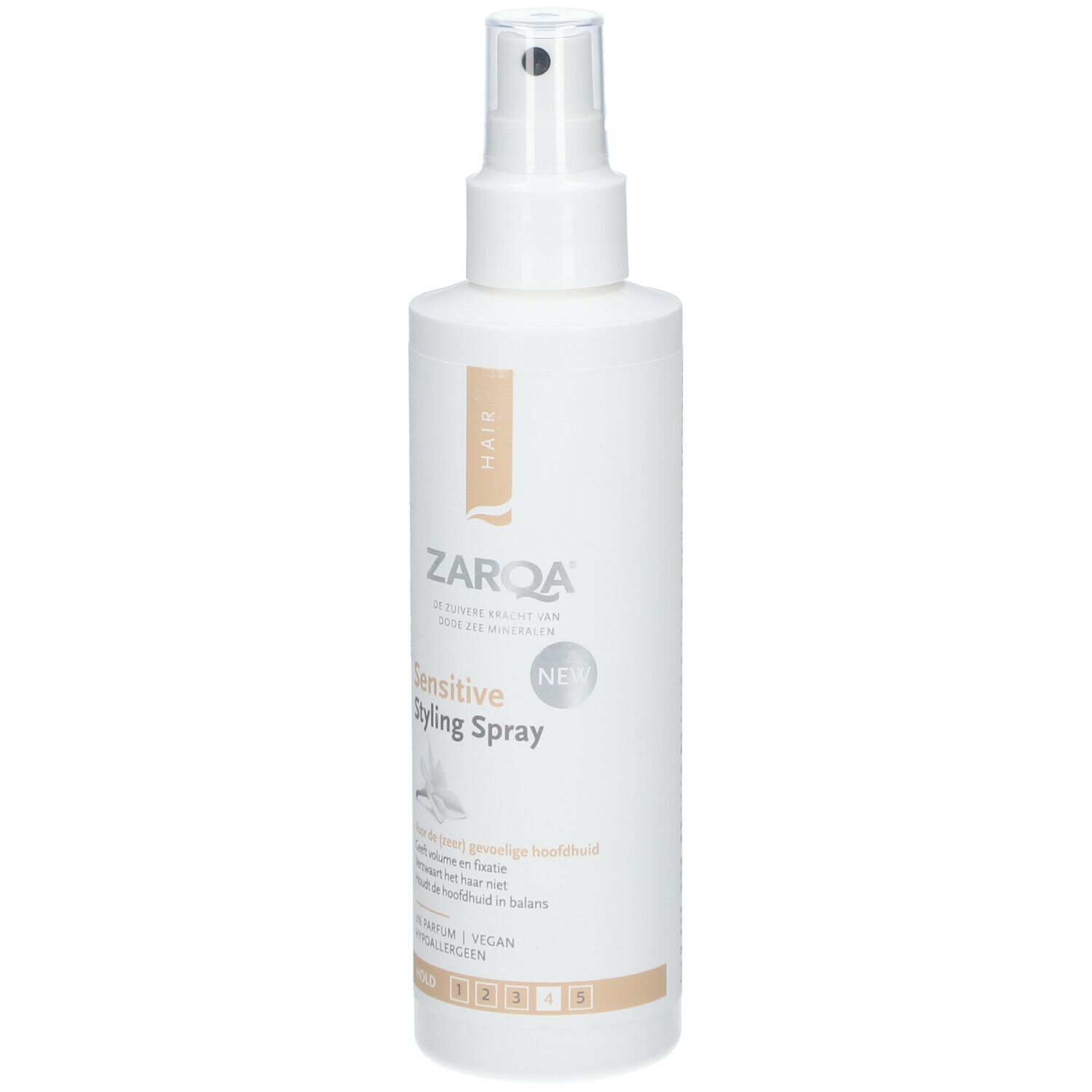 ZARQA Sensitiv-Spray Coiffant. Flacon blanc avec vaporisateur. Inscription: Sensitive Styling Spray, NEW. Vegan.