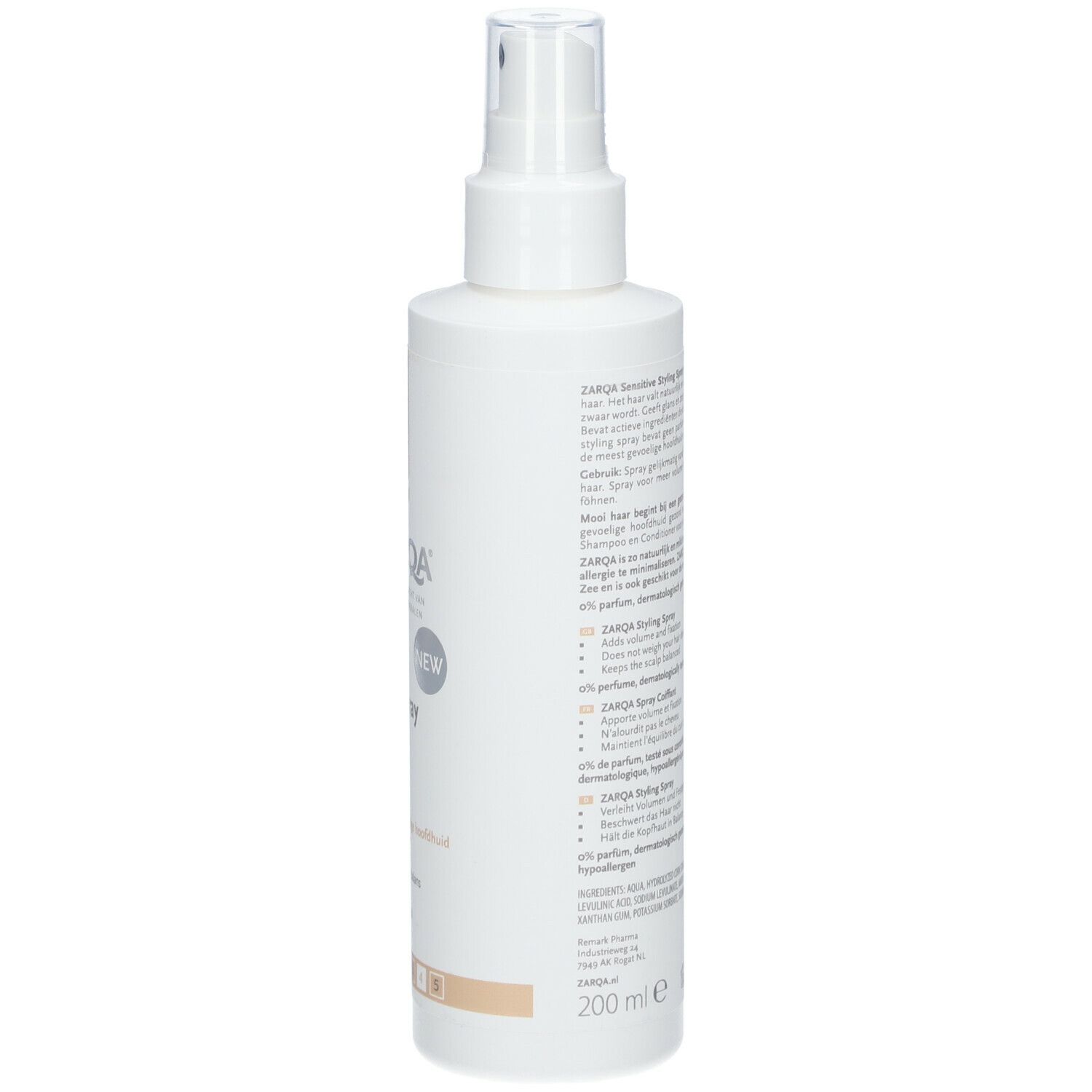 ZARQA Sensitiv-Spray Coiffant. Flacon blanc avec texte. 200 ml. Logo vegan.