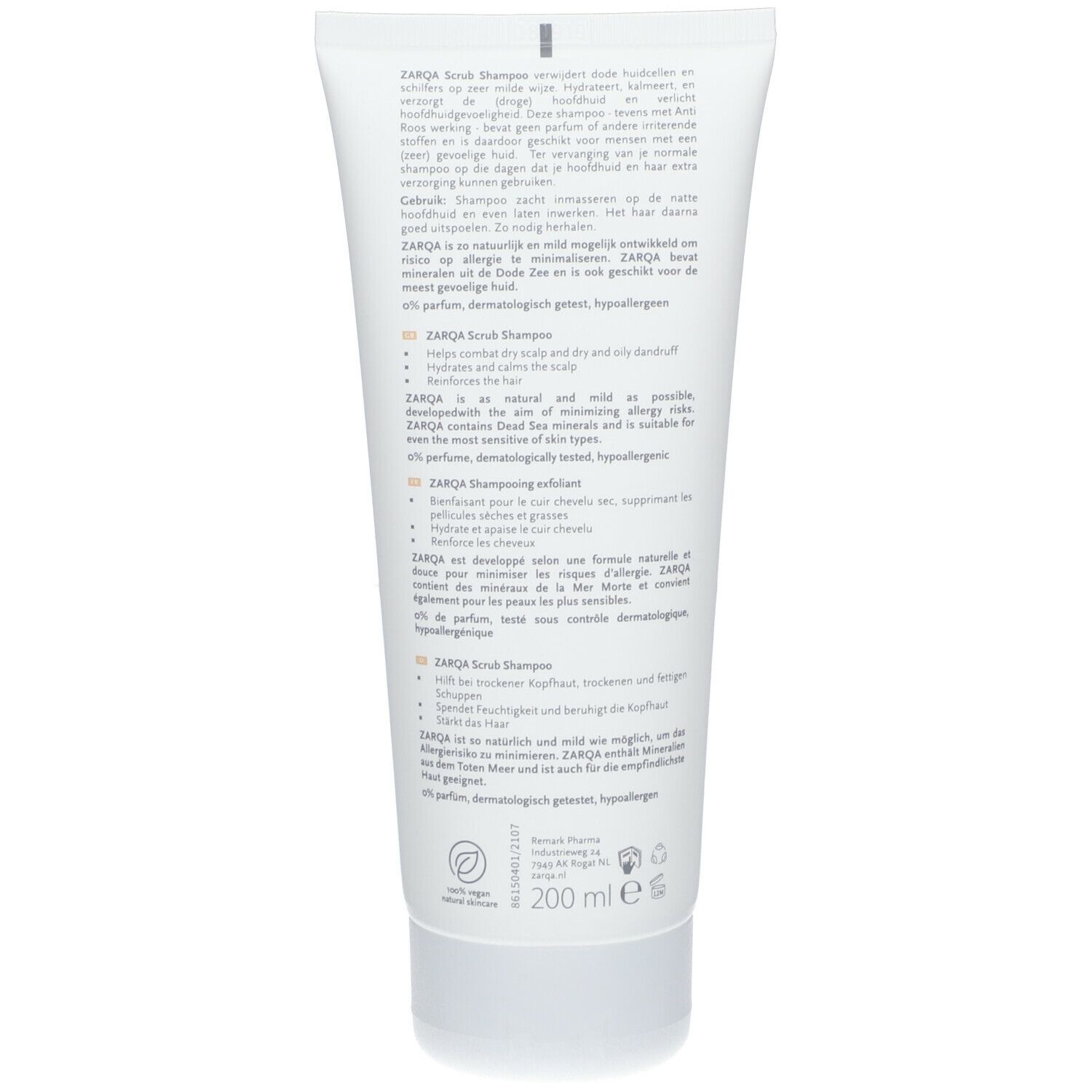 Dos du tube de Zarqa Sensitive Scrub Shampoo. Texte multilingue. 200 ml. Vegan, testé dermatologiquement, hypoallergénique.