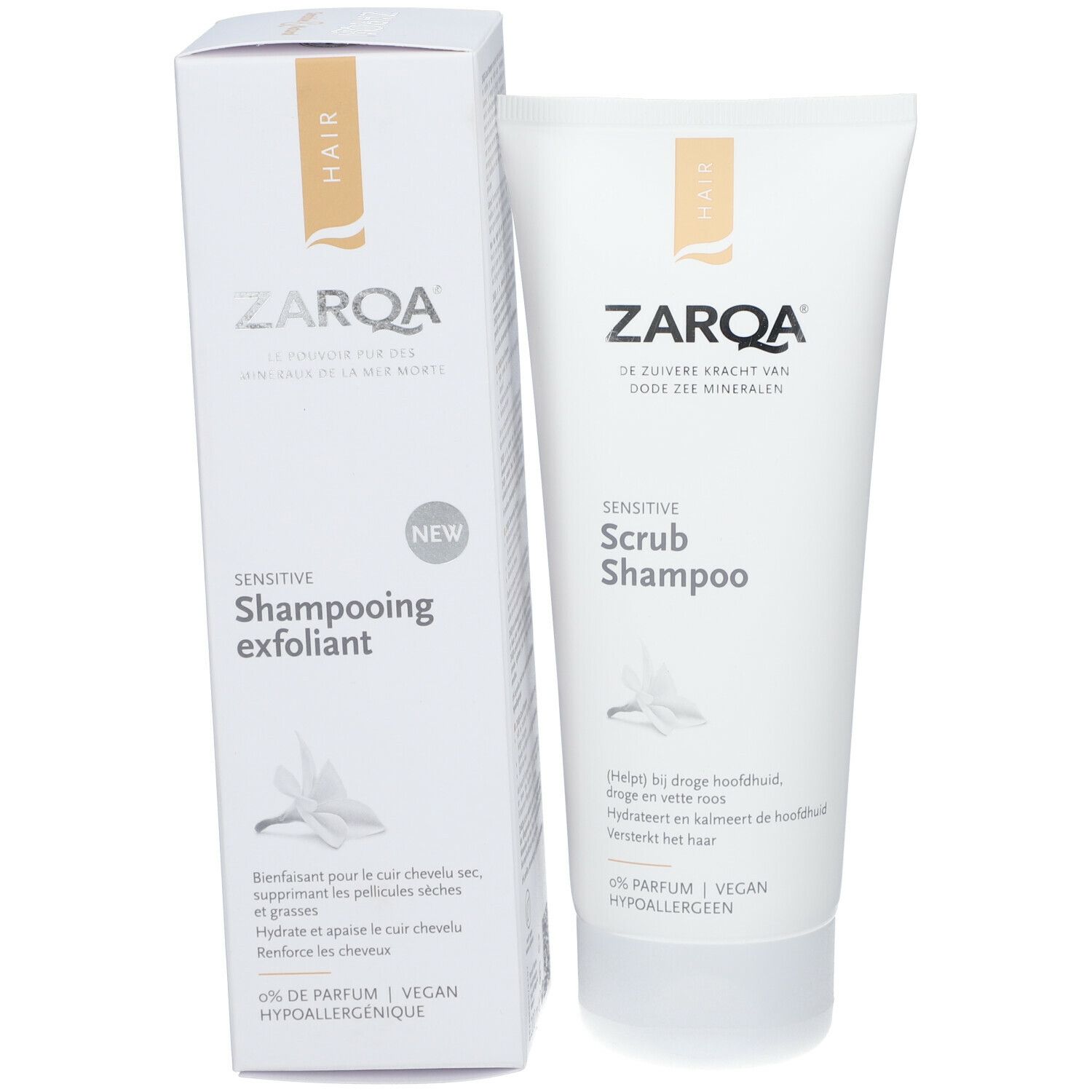 Zarqa Sensitive Scrub Shampoo et emballage. Tube et boîte blancs avec logo et texte. Étiquette « Nouveau ».