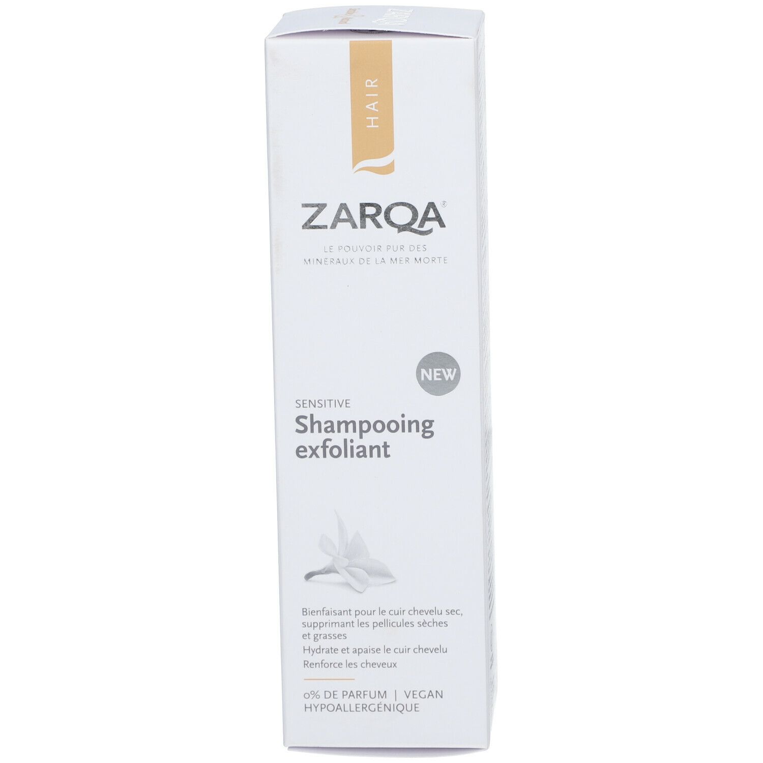 Boîte blanche de Zarqa Shampooing exfoliant. Logo, texte et étiquette « Nouveau ». Pour cheveux secs.