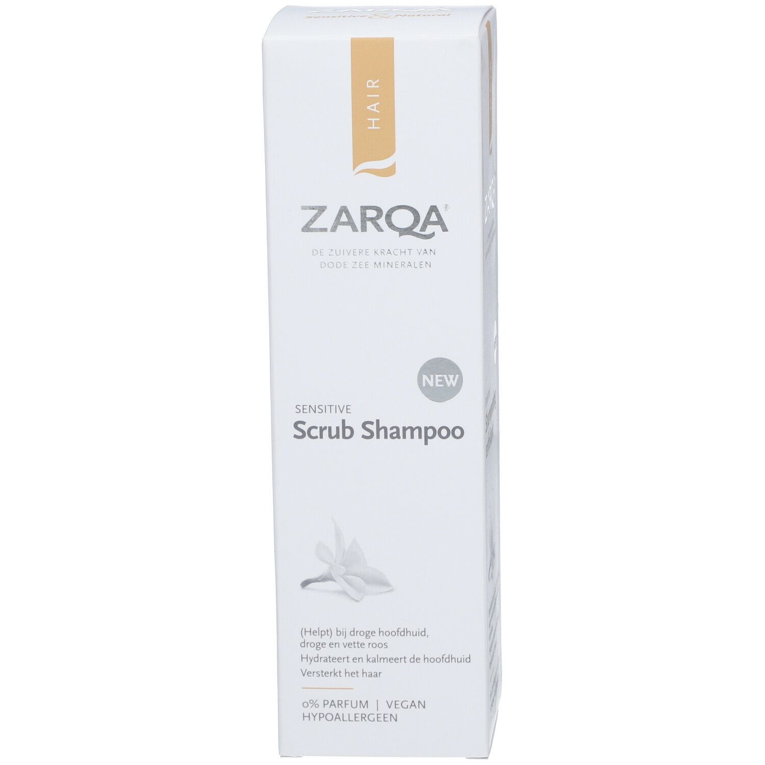 Boîte blanche de Zarqa Sensitive Scrub Shampoo. Logo, texte et étiquette « Nouveau ». Pour cuir chevelu sec.