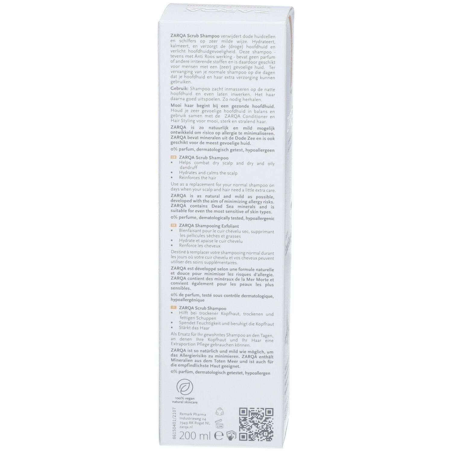 Dos de l'emballage de Zarqa Sensitive Scrub Shampoo. Texte multilingue. 200 ml. Vegan, testé dermatologiquement, hypoallergénique.