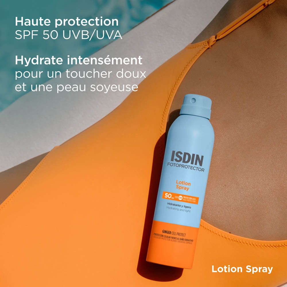 ISDIN Fotoprotector Lotion Spray SPF 50. Vaporisé sur le corps. Texte: haute protection UVB/UVA.