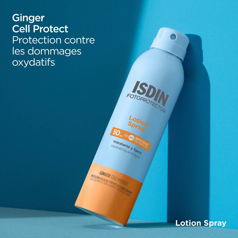 ISDIN Fotoprotector Lotion Spray SPF 50. Flacon sur fond bleu. Texte: Ginger Cell Protect.