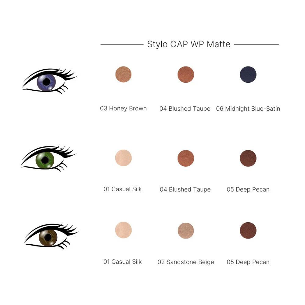 Yeux avec couleurs de fard à paupières : 03 Honey Brown, 04 Blushed Taupe, 06 Midnight Blue-Satin.