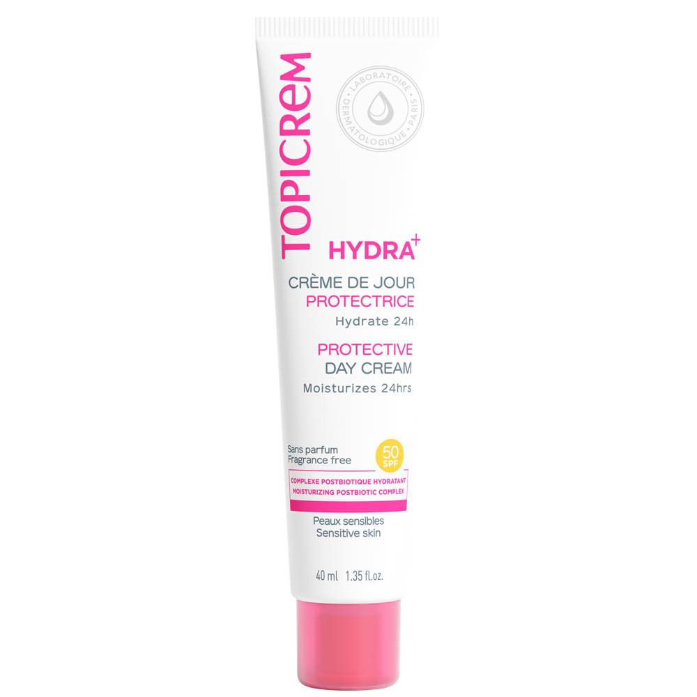 Tube blanc avec bouchon rose. Inscription TOPICREM, HYDRA+, SPF 50. Texte : Crème de jour protectrice, Protective Day Cream. 40 ml.