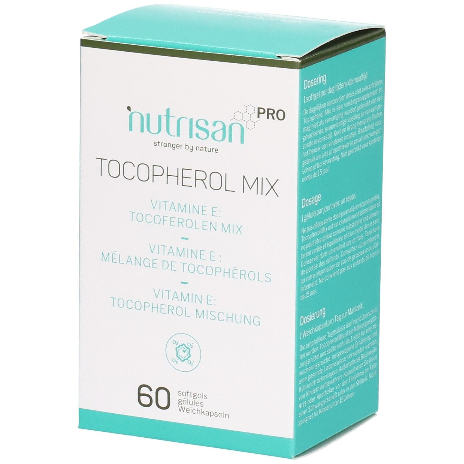 Boîte Nutrisan Pro, Tocopherol Mix, 60 gélules. Inscriptions en plusieurs langues.