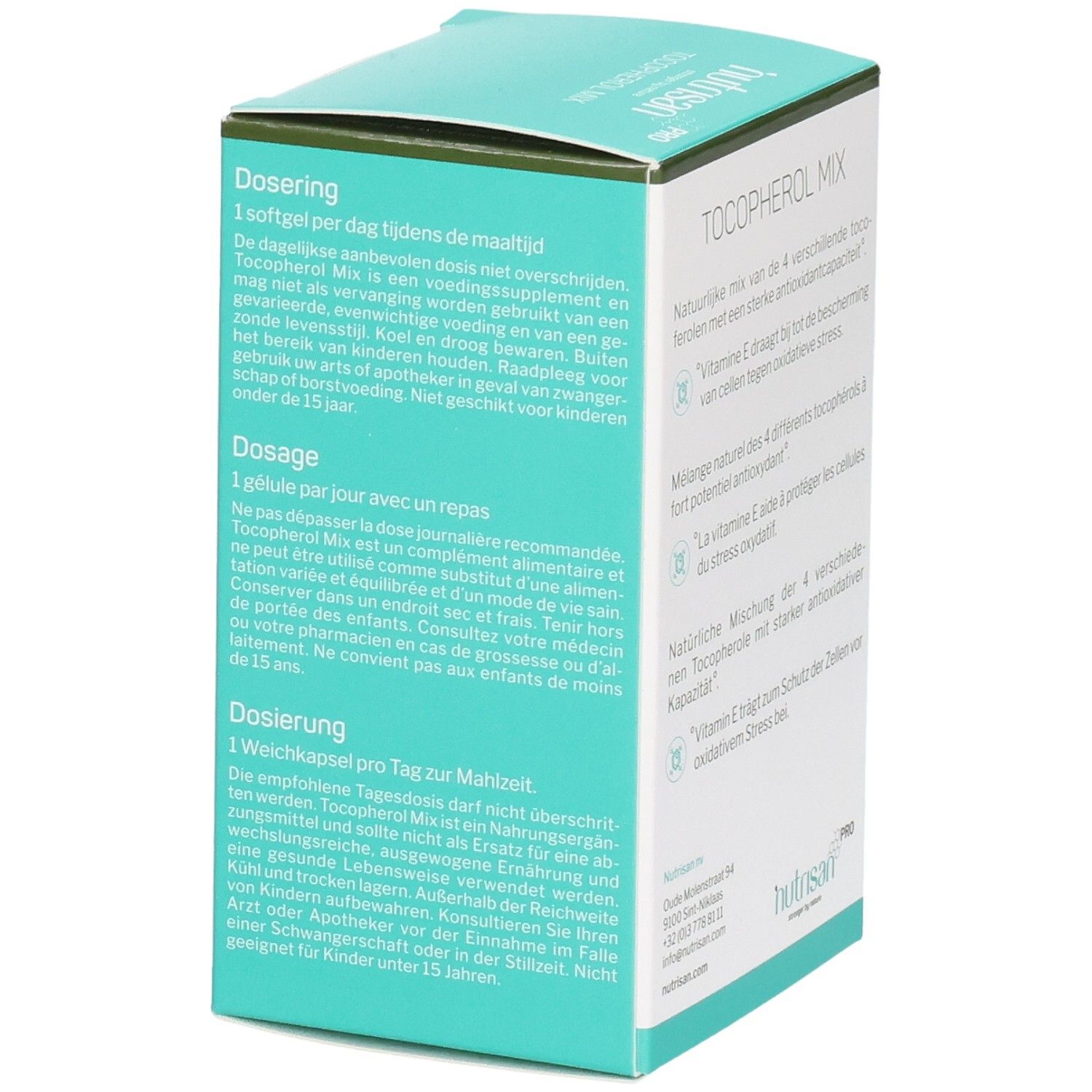 Vue latérale de la boîte avec instructions de dosage. Texte en allemand, français et néerlandais.