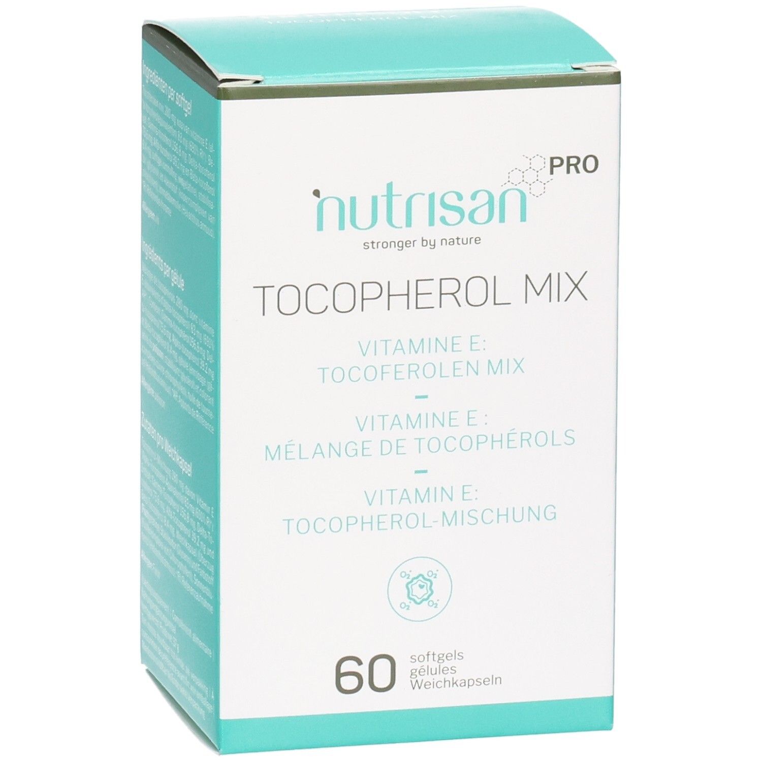 Boîte Nutrisan Pro, Tocopherol Mix, 60 gélules. Vue en biais.