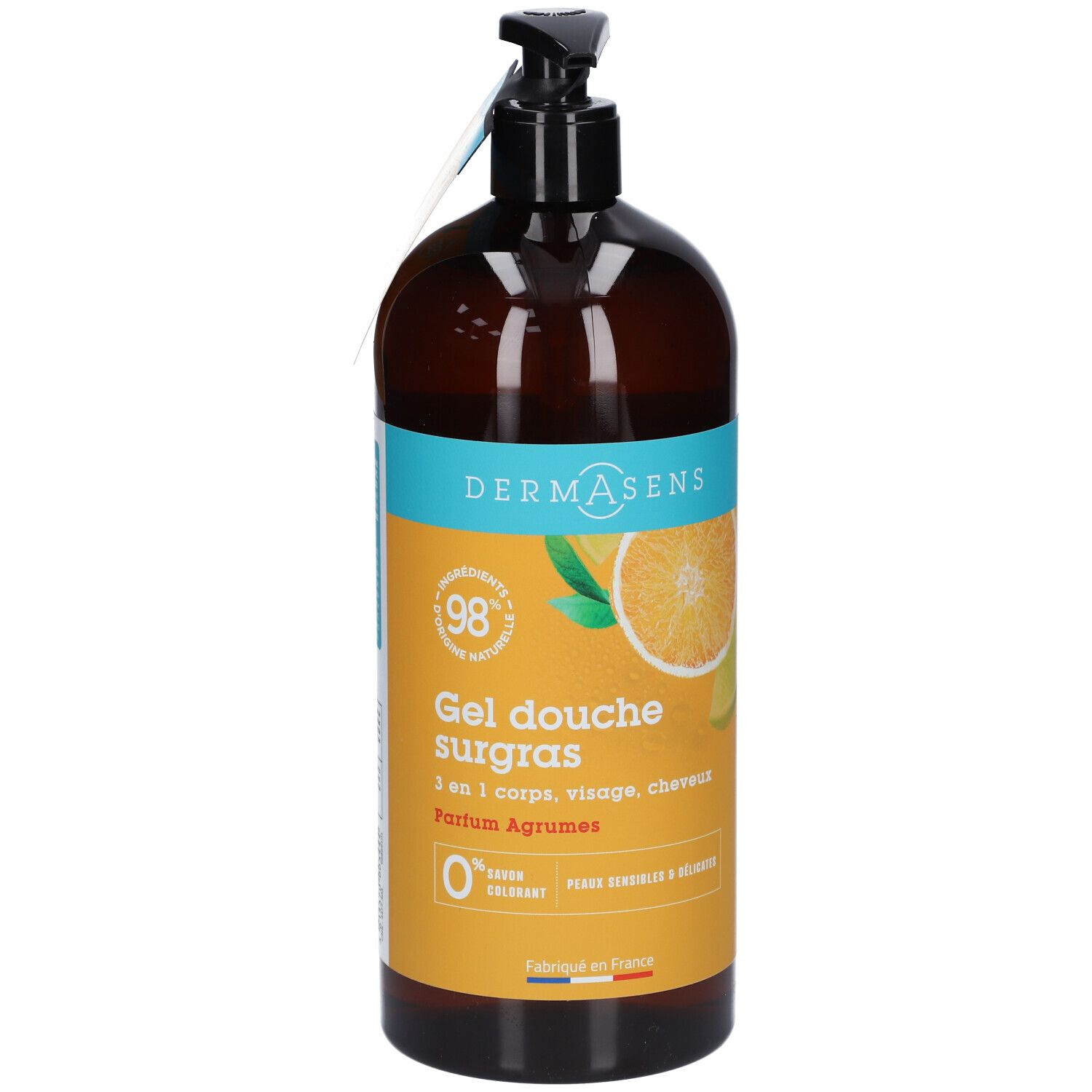 Flacon brun avec pompe noire. Étiquette avec nom du produit et illustration d'agrumes. Fabriqué en France.