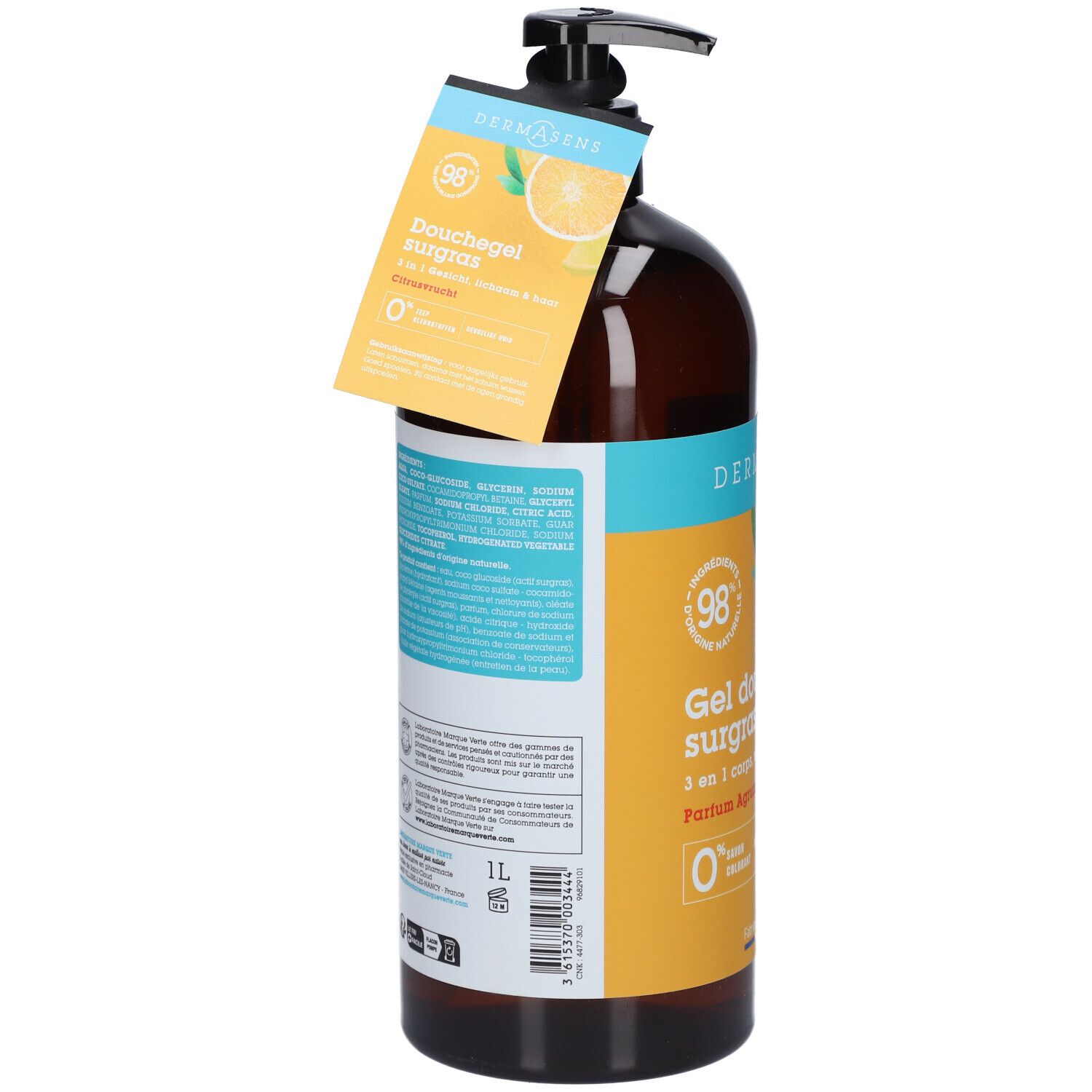 Flacon brun avec pompe noire. Étiquette avec informations produit. Dos avec ingrédients et informations fabricant.