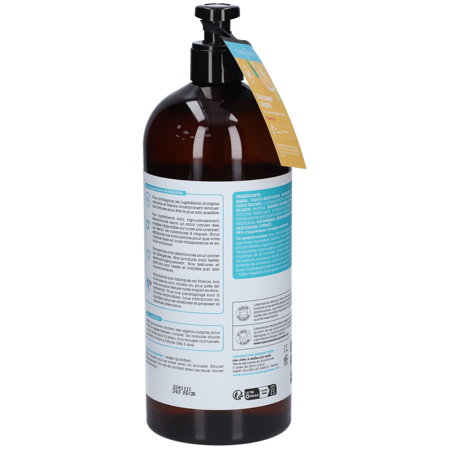 Vue arrière d'un flacon brun avec pompe noire. Texte sur l'étiquette avec ingrédients et informations fabricant.