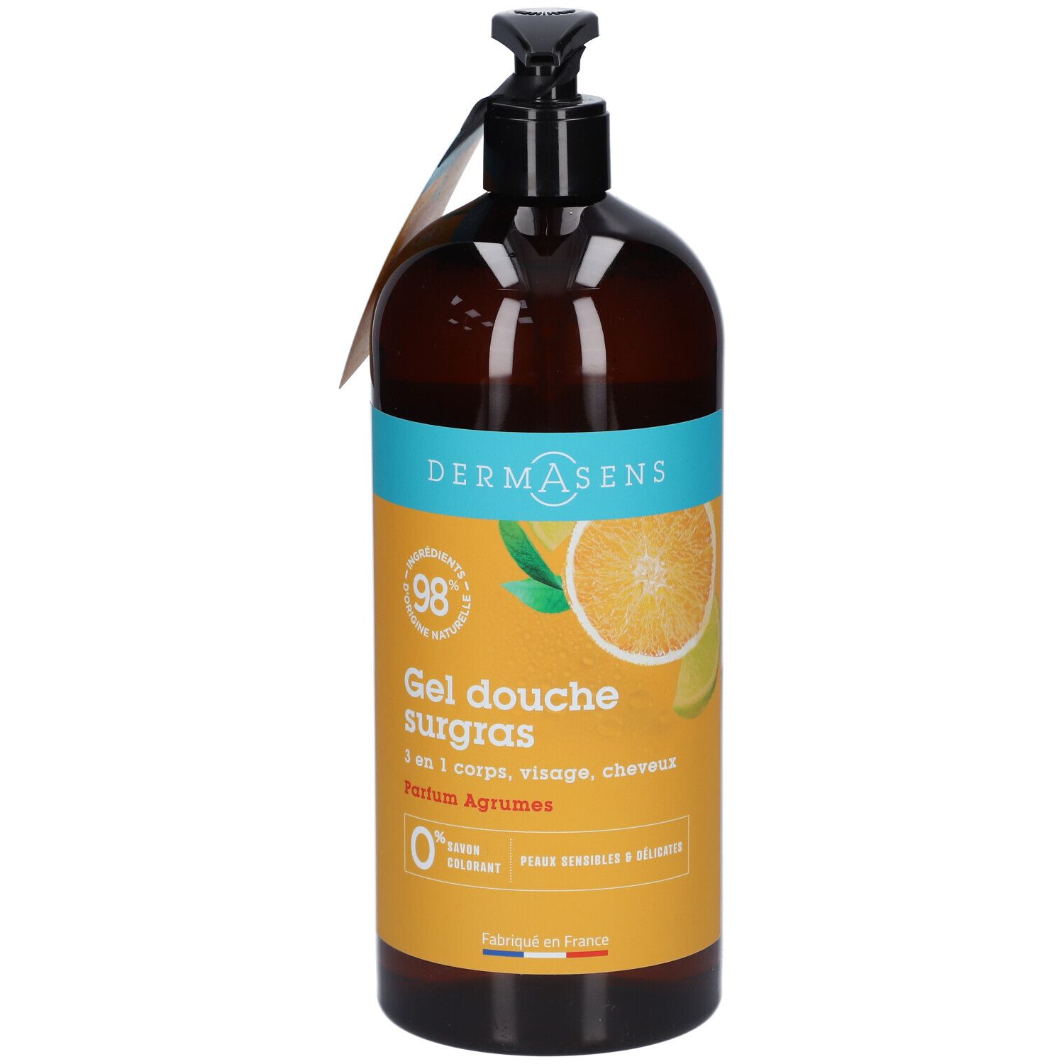 Flacon brun avec pompe noire. Étiquette avec nom du produit et illustration d'agrumes. Fabriqué en France.