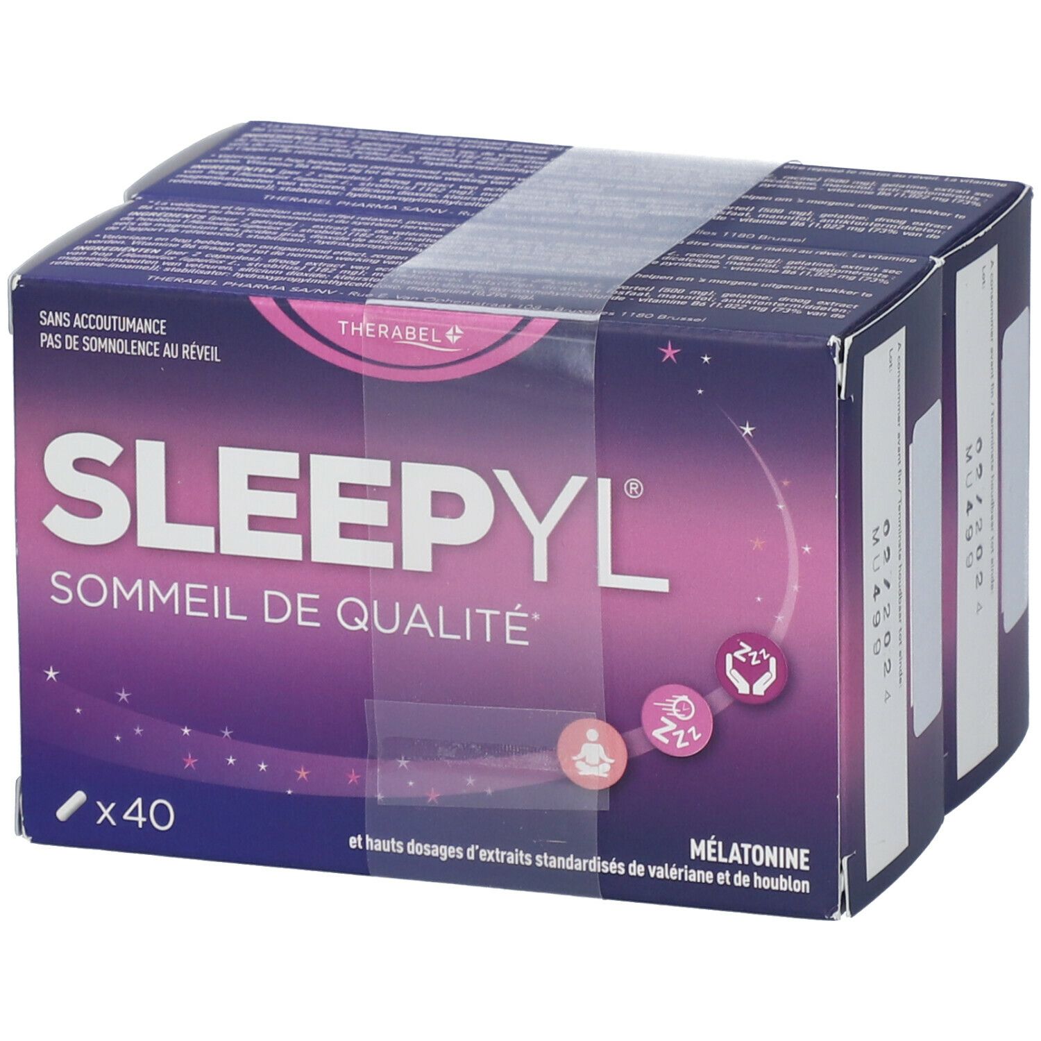 Emballage Sleepyl DUO. Boîte violette avec nom et informations. Contient 40 comprimés.