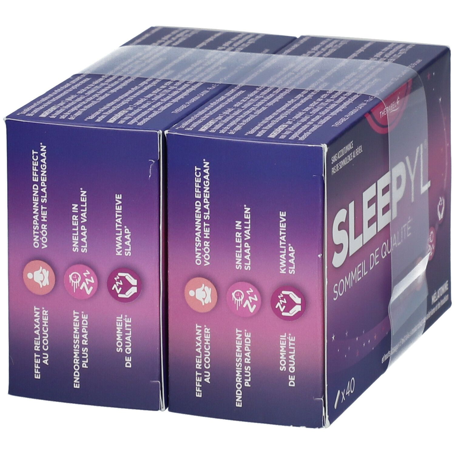 Deux emballages Sleepyl DUO. Boîtes violettes avec nom et informations. 40 comprimés par boîte.
