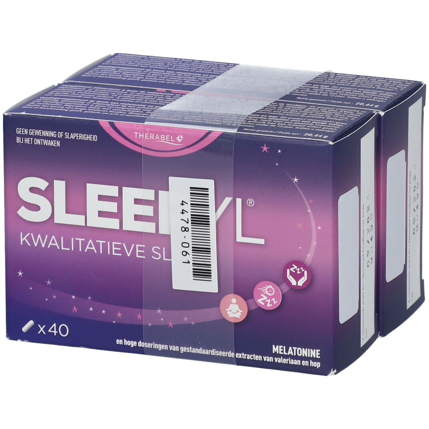 Emballage Sleepyl DUO. Boîte violette avec nom et informations. Contient 40 comprimés.