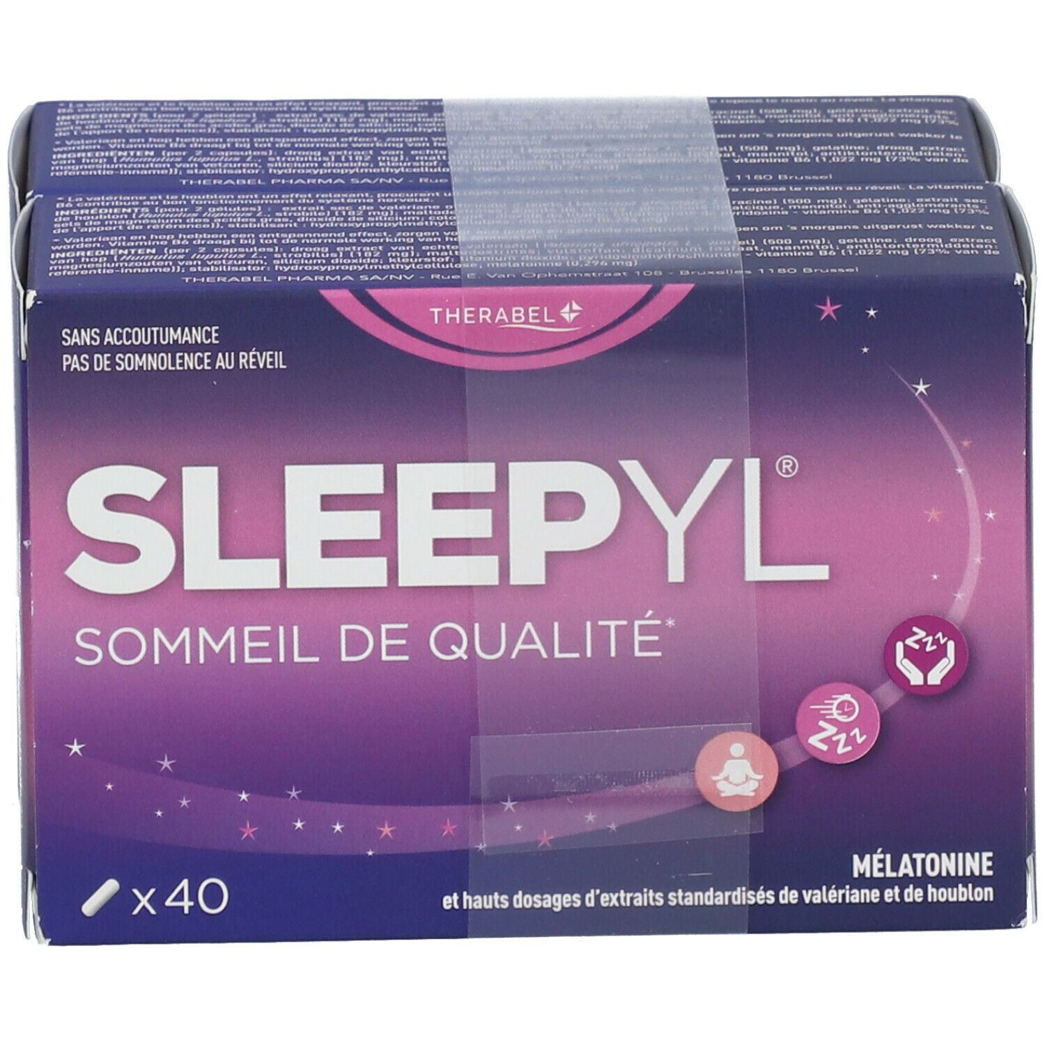 Emballage Sleepyl DUO. Boîte violette avec nom et informations. Contient 40 comprimés.
