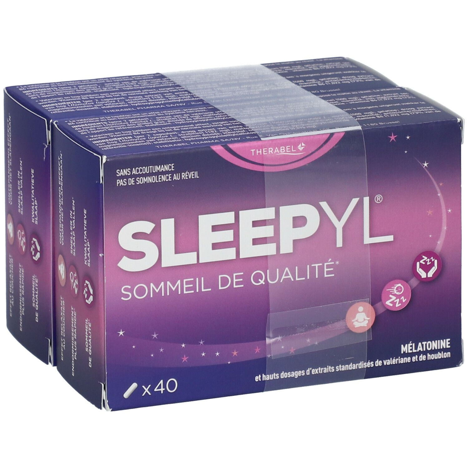 Emballage Sleepyl DUO. Boîte violette avec nom et informations. Contient 40 comprimés.