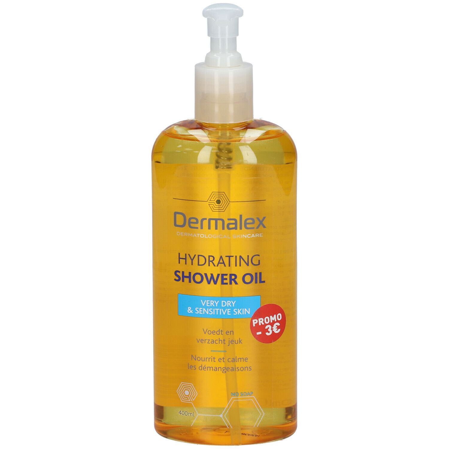 Dermalex Huile de Douche Hydratante. Liquide jaune en flacon avec pompe. Inscription : Peau très sèche et sensible.